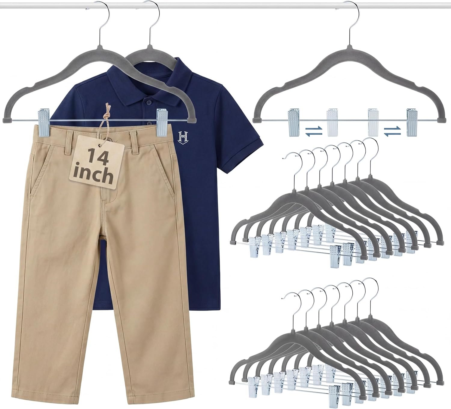 Vesici 14 Inch 15 + 30 Pcs Extra Large Kids Velvet Hangers with Movable Clips, Non Slip Felt Clothes Hangers for Kids and Preteens, Heavy Duty and Space Saving for Pants, Skirts, Coat, Gray