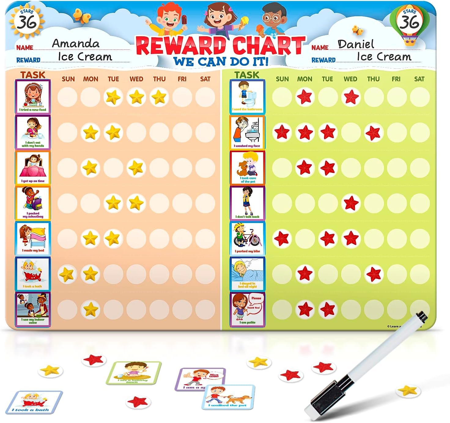 Chore Chart for Multiple Kids, Behavior Incentive for at Home, Dry Erase, and Magnetic Board for 2 Kids, Includes 54 Task Cards
