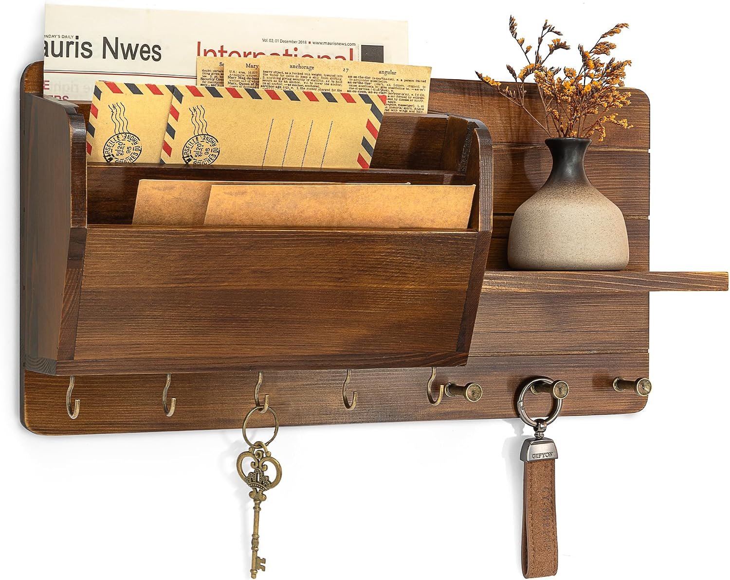 Rebee Vision Pine Wood Key Holder Wall Mount with Mail Sorter, Light Brown