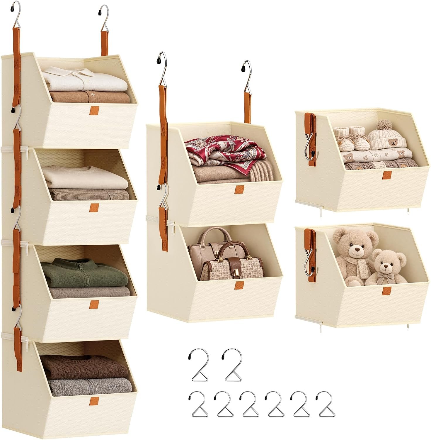 Homsorout Hanging Closet Organizer 4 Tier – Clothes Hanging Shelves, Space-Saving Closet System, Fabric Storage Bins Bedroom Organization, Collapsible Baskets for Home, Dorm, Rv, Beige