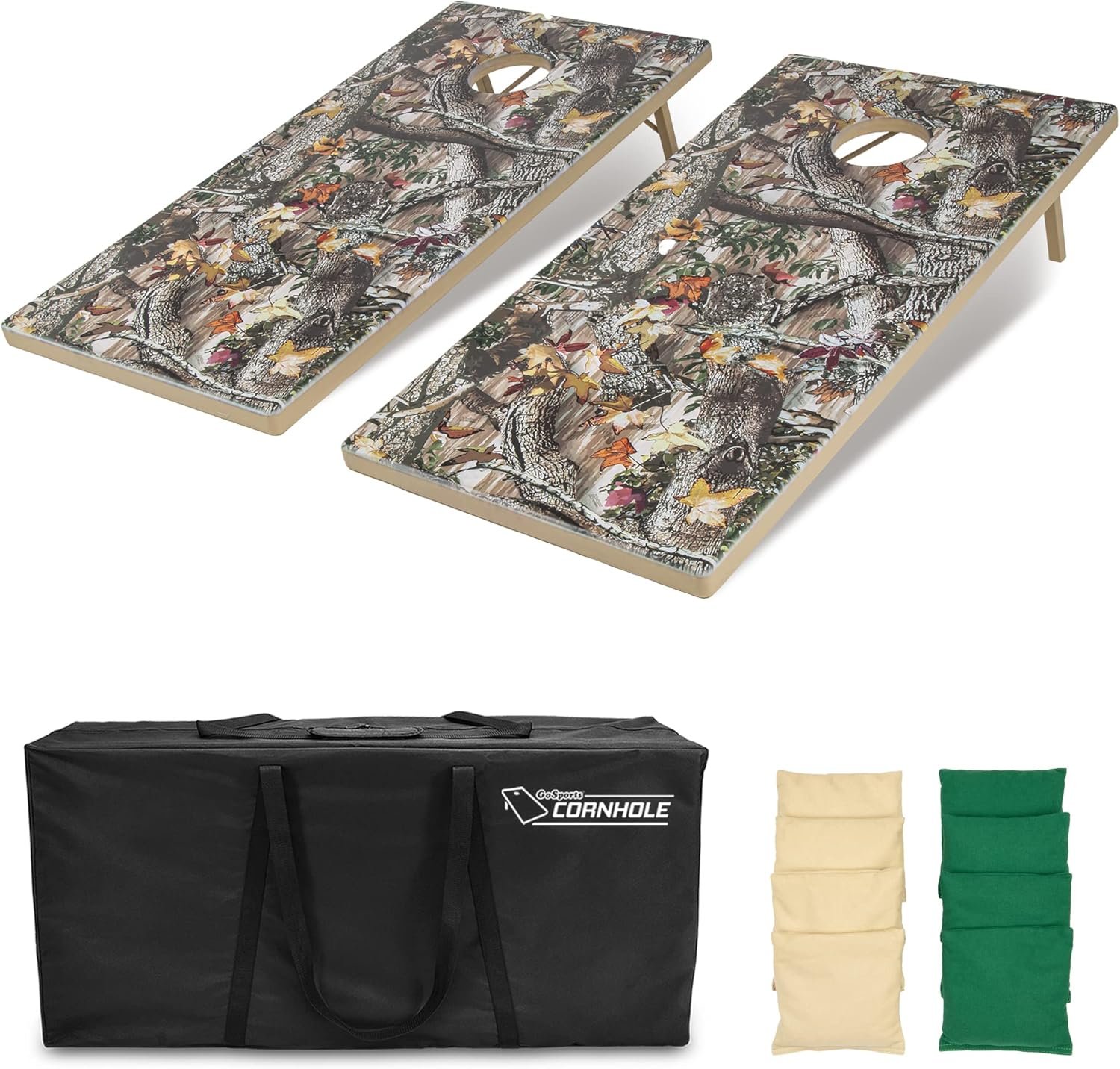 GoSports 4 x 2 ft All Weather Cornhole Boards – Rustic, Reed Camo, Woodland Camo, or Wood – 2 Regulation Size ToughToss Boards, 8 Bean Bags, and Carry Case