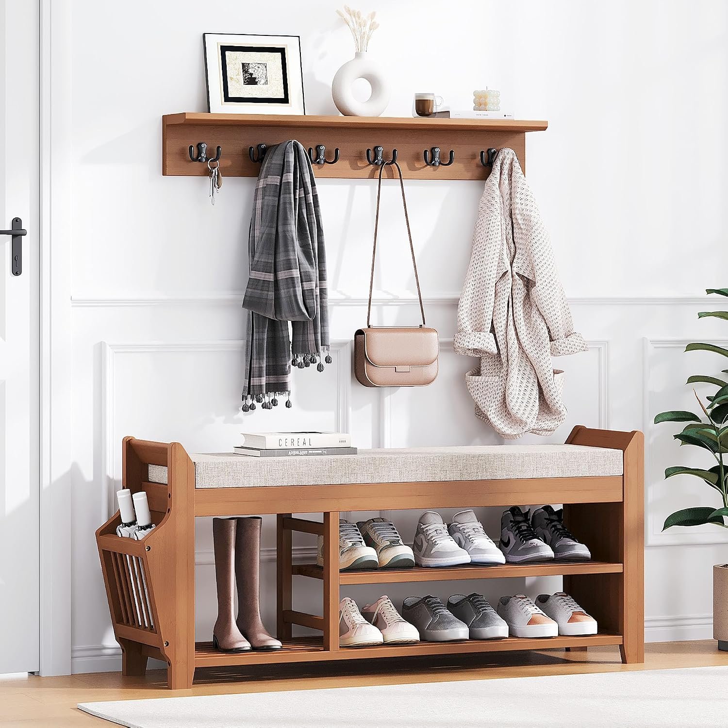 PETKABOO 39.4″ Shoe Bench with Coat Rack Hidden Drawer and Side Holder, 2 Tier Entryway Bench with Storage, Bamboo Shoe Rack with Cushion for Entryway Hallway Living Room Bedroom