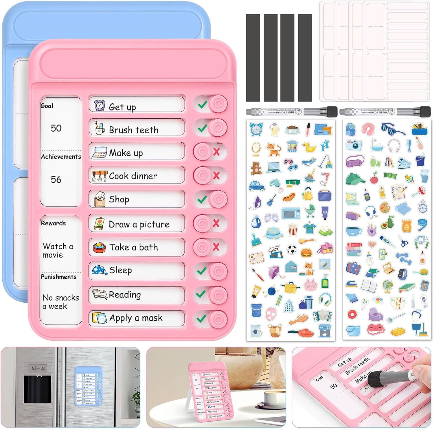 Audab 2Pcs Dry Erase Chore Chart for Kids, Magnetic Checklist Board, My Chores Slider Chart to Do List Board, Routine Chart Schedule Board Task Tracker for Home Refrigerator, Wall, Desk (Blue & Pink)