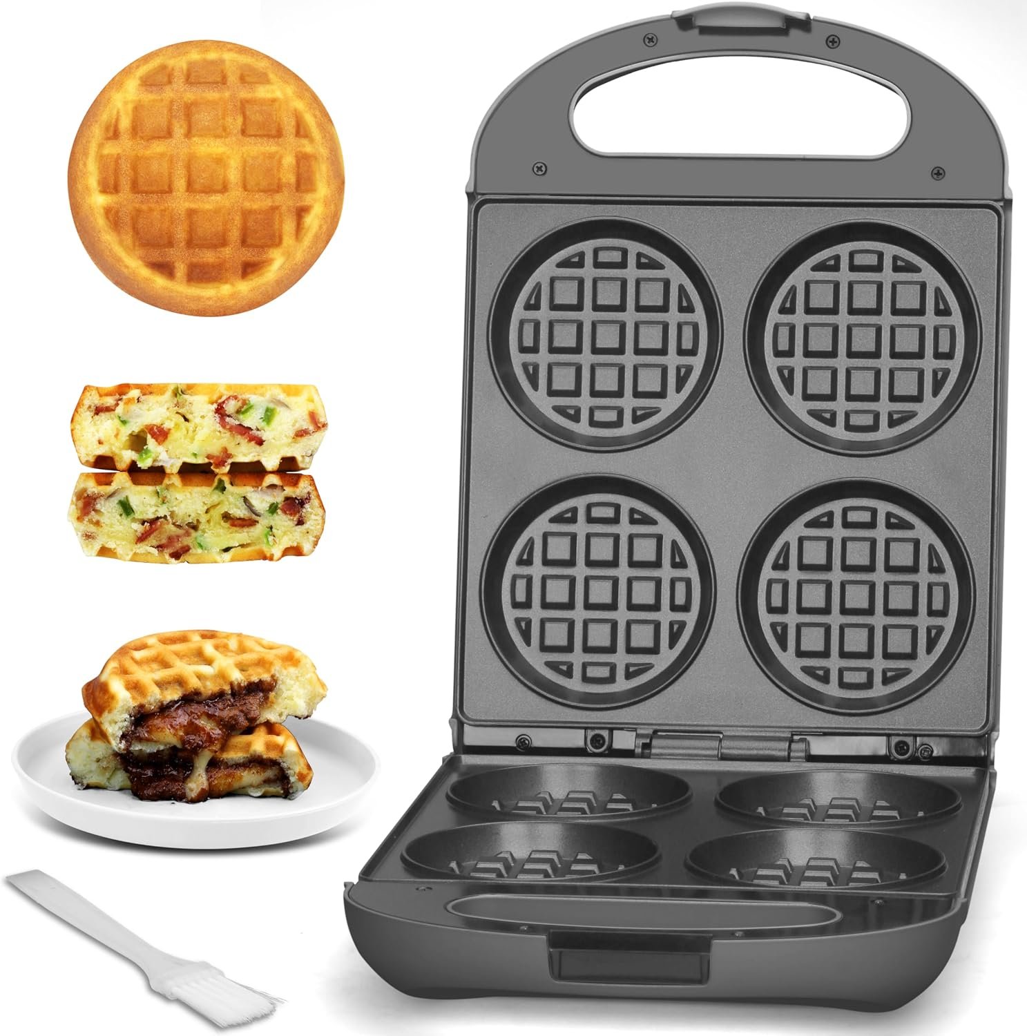 Baker’s Friend Multi Stuffed Waffle Maker Thick, 4-Slice with 1.2” Thick & 4” Dia, Belgian Mini Waffle Maker Flip, Nonstick Breakfast Sandwich Maker, Stuffed Waffle Iron, Graphite