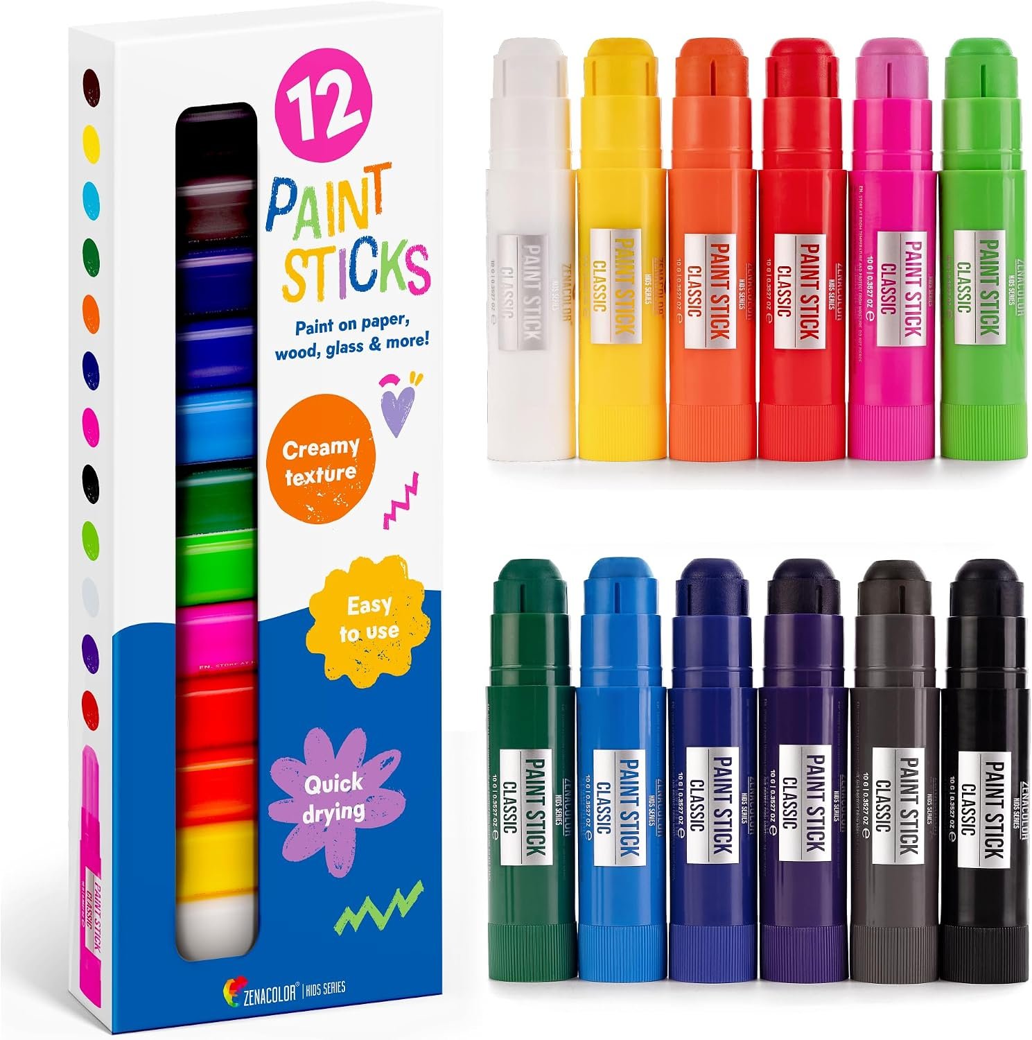 Zenacolor Tempera Paint Sticks – 12 Colors Kids Paints – Non-Toxic Washable Paint Sticks for Kids – Mess Free Quick Drying Art Supplies for Toddlers