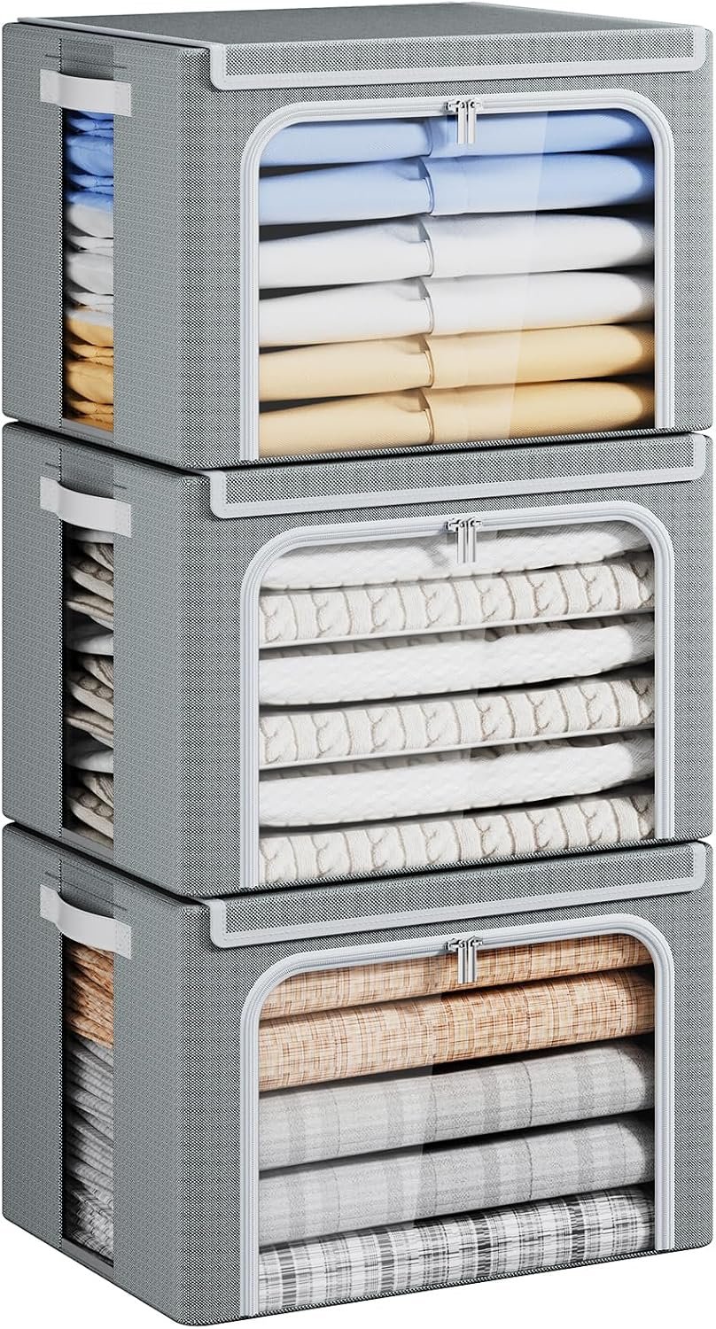 Yecaye Clothes Storage Bins with Metal Frame, Foldable Organizer Box, 40L
