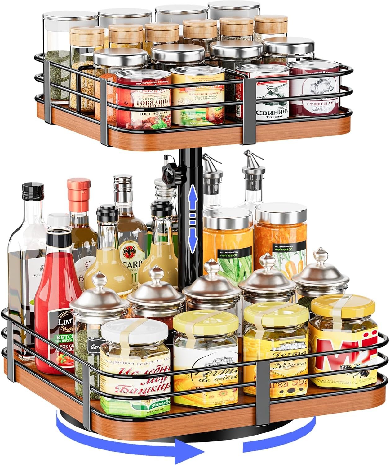 12 Inch Square Lazy Susan Organizer, 2 Tier Adjustable Wood Rack