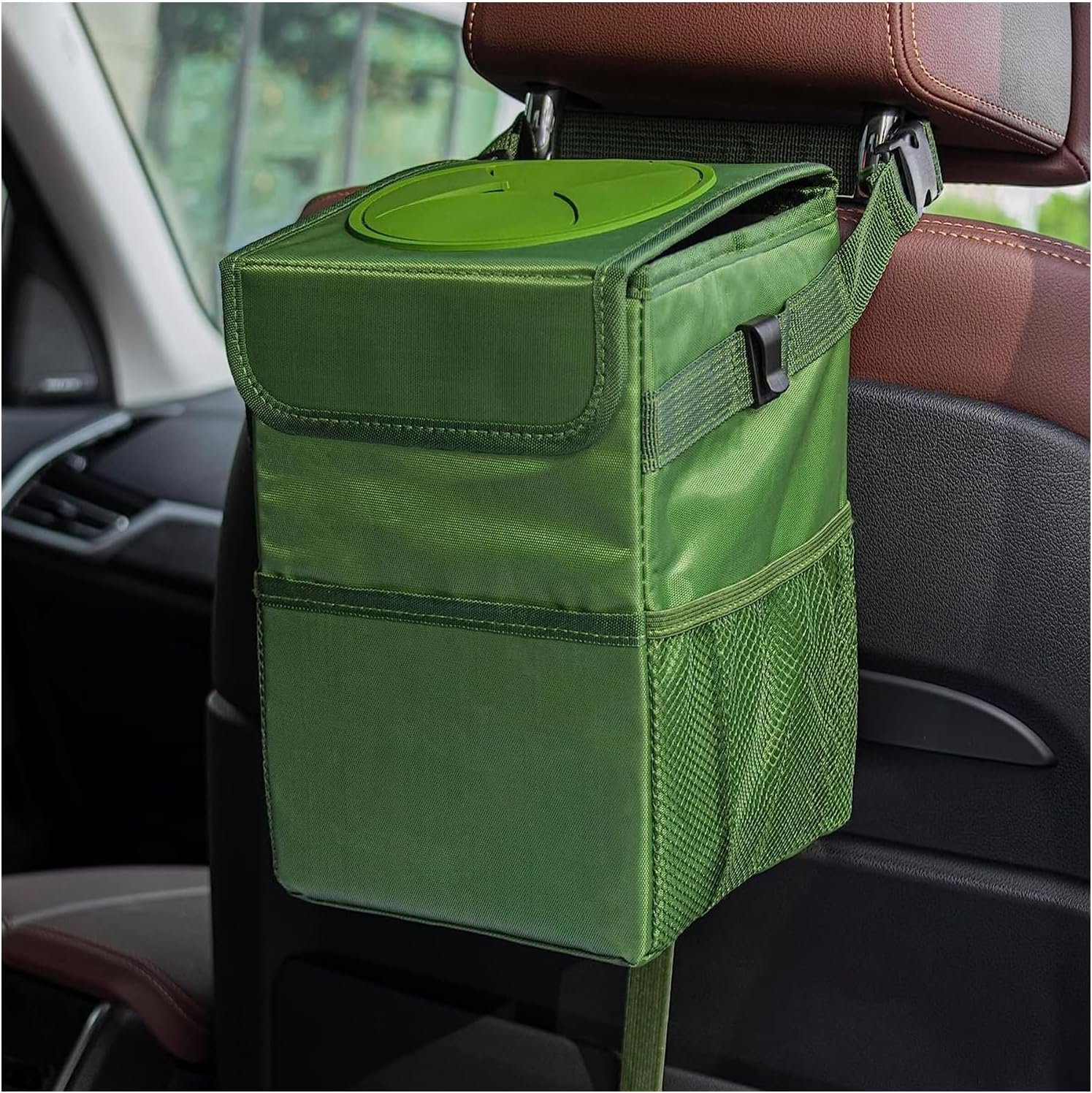 Kewucn Car Trash Can with Lid, Waterproof Mini Auto Garbage Can, Leak-Proof Vehicle Organizer and Storage Pockets, Hanging Collapsible Trash Bin, Universal Accessories for Most Cars (Army Green)