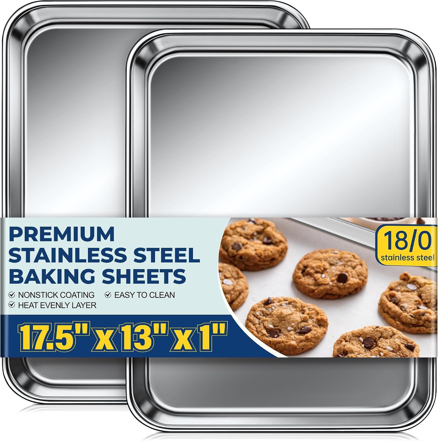 Baking Sheet Pan Set of 2, Stainless Steel Cookie Sheets for Baking, 18 x 13 Inch Large Baking Tray for Oven, Warp Resistant Nonstick Half Sheet Pan, Heavy Duty & Easy Clean