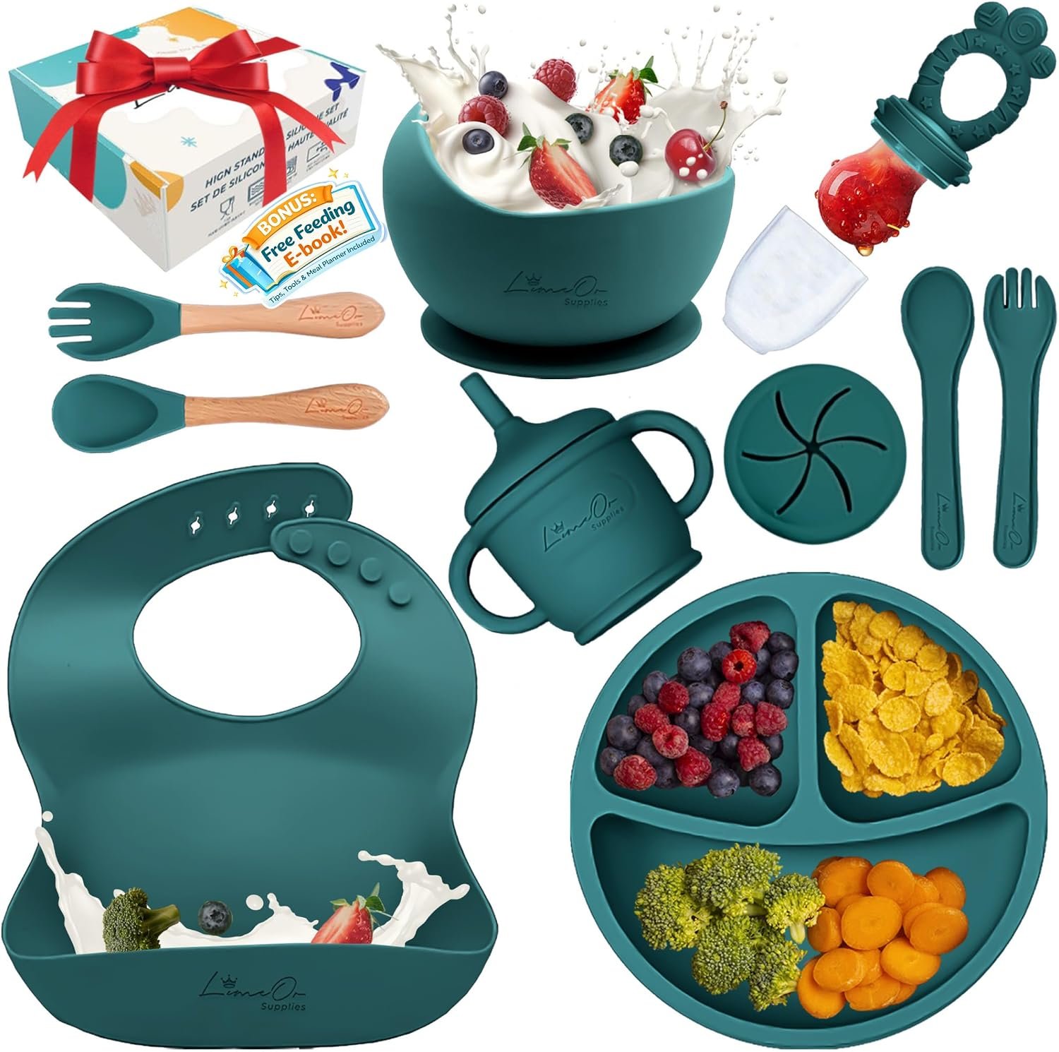 Silicone Baby Feeding Set, Suction Plates Bowls Bibs Spoons Self Feeding