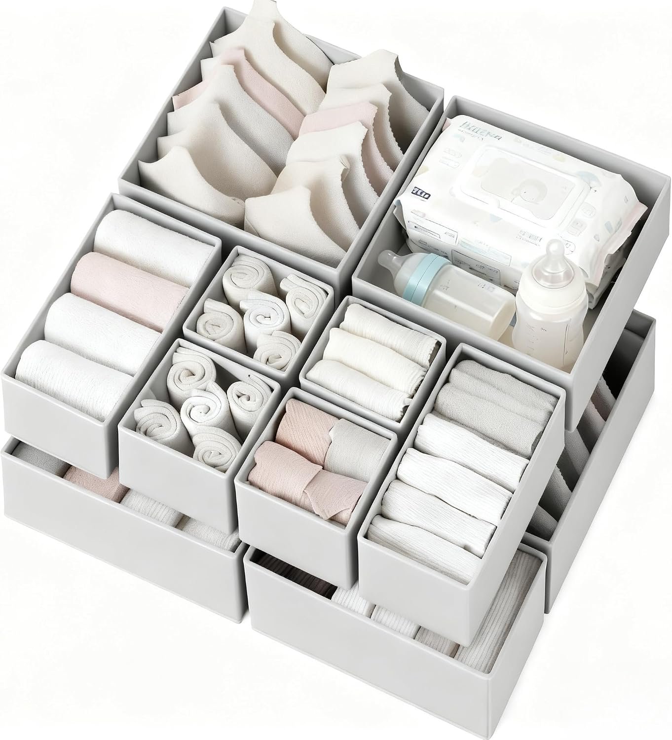 Criusia Drawer Organizer Clothes 12 Pack, Dresser Organizer for Nursery Bedroom Closet Organization and Storage – Baby Clothes Organizer Bins – Drawer Divider for Sock Underwear Bra Ties (Grey)