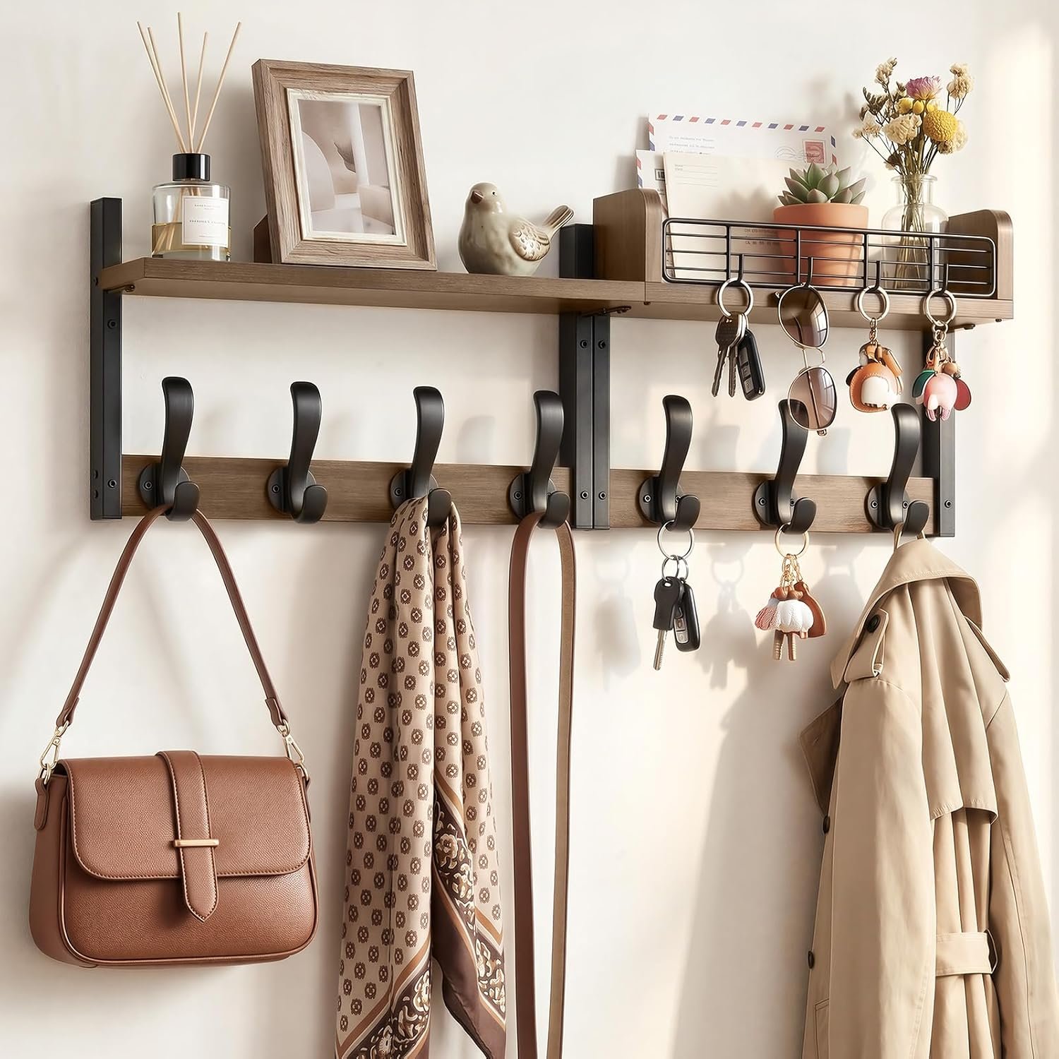Delamu 29″ Large Coat Rack Wall Mount with Shelf, 4 in 1 Shelf with 11 Hooks, Wooden Key and Mail Holder for Wall for Entryway, Living Room and Bedroom, Brown