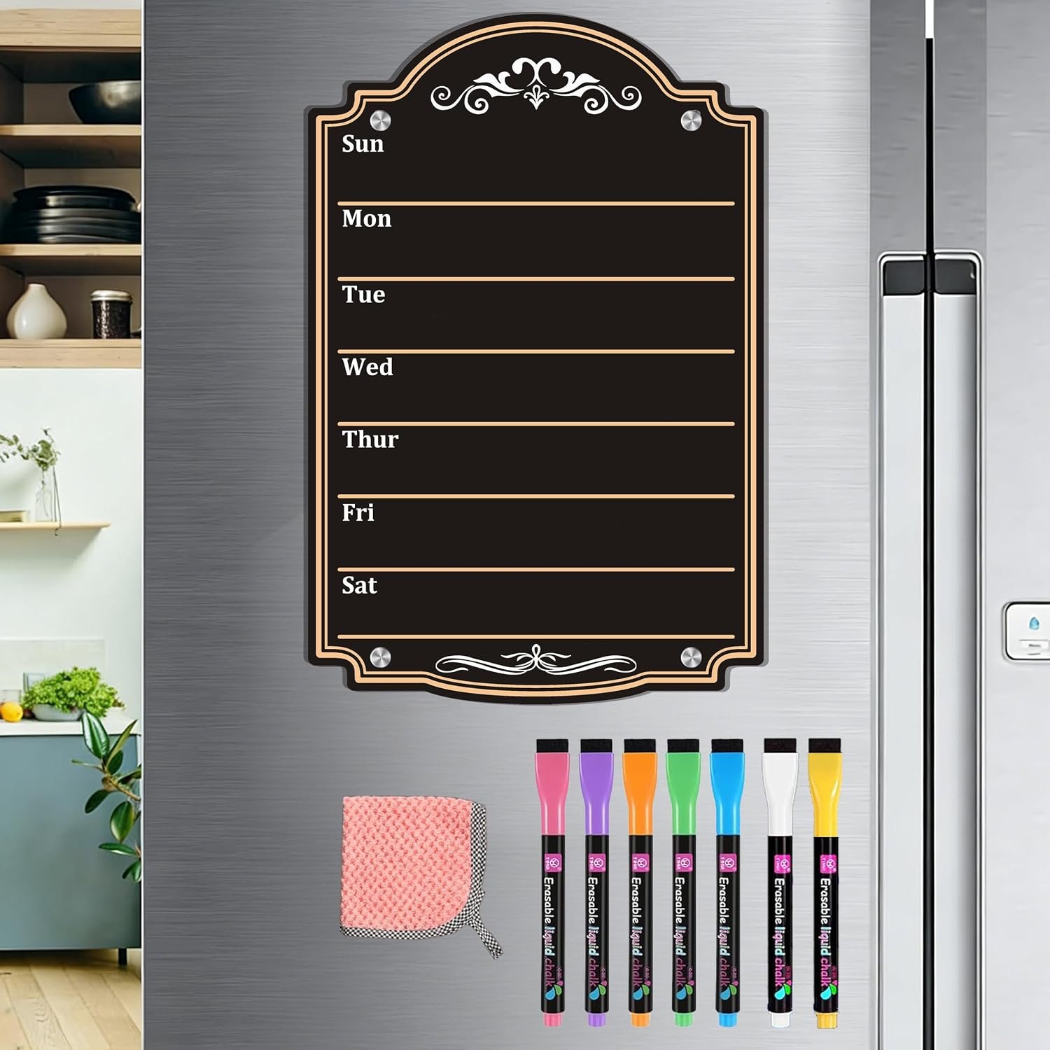Acrylic Magnetic Dry Erase Board Calendar for Fridge 12″ x 8″ Black Weekly Planner Whiteboard for Refrigerator Magnet Planning Calendars to Do List Family House Kitchen Decor with 7 Colors Markers