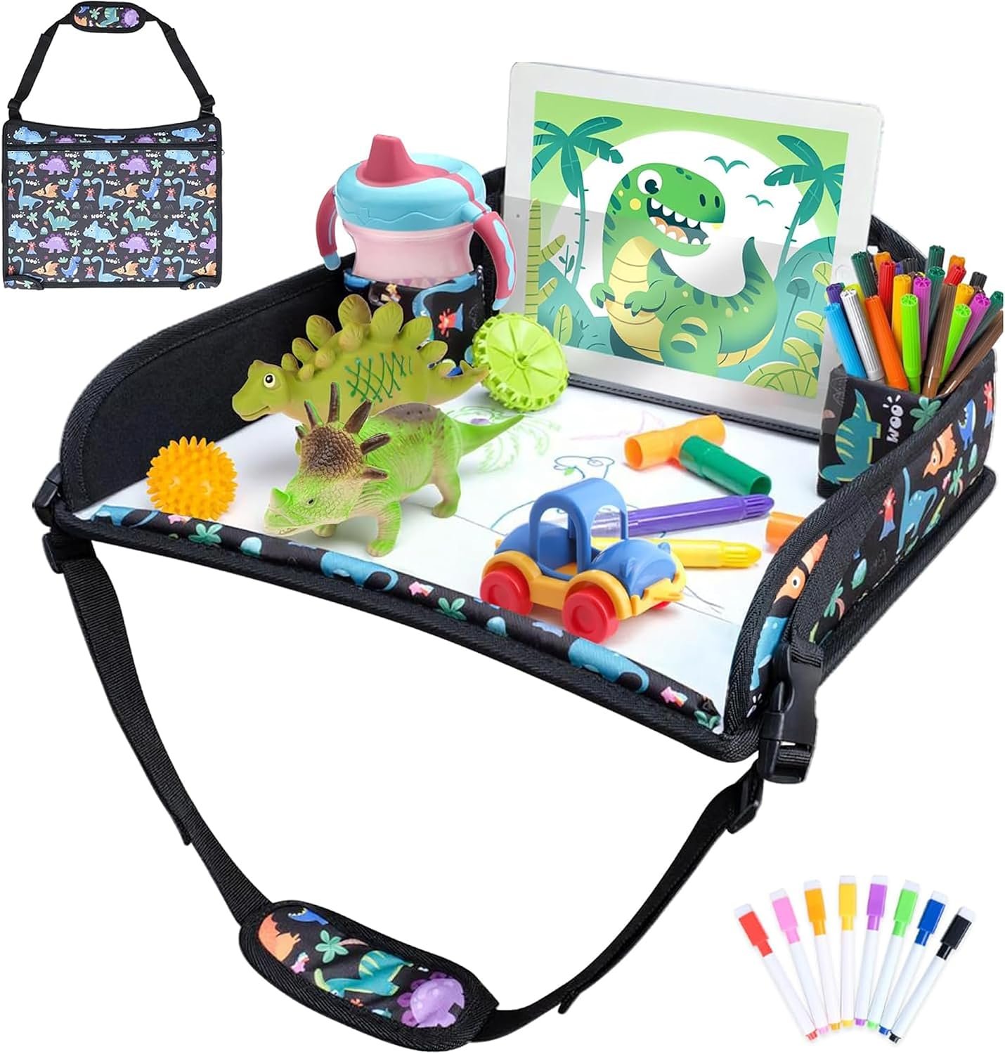 Kids Travel Tray for Carseat for Road Trip Activities, Dinosaur