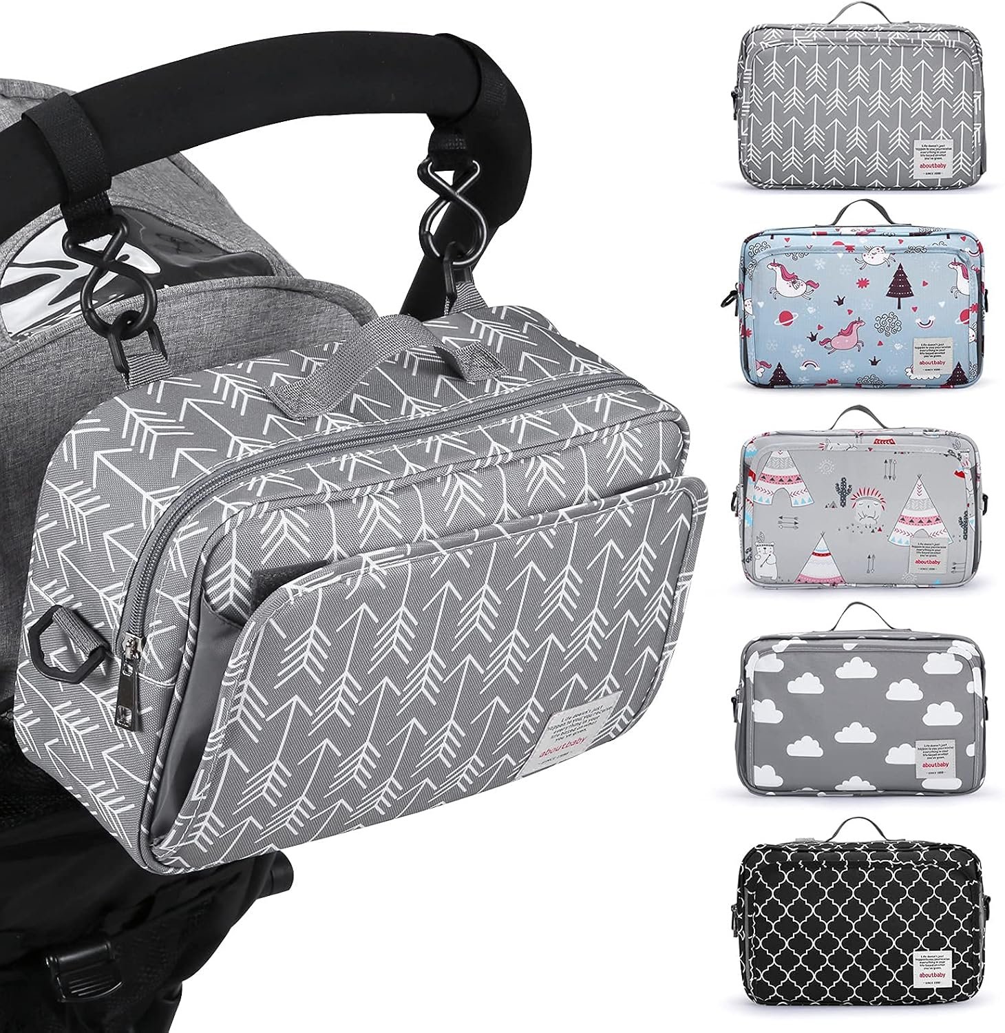 GOGOSO Universal Stroller Caddy Accessories All-in-One Baby Organizer with Insulated Pocket,Capacity for Diapers, Toys & Snacks, Dark Gray
