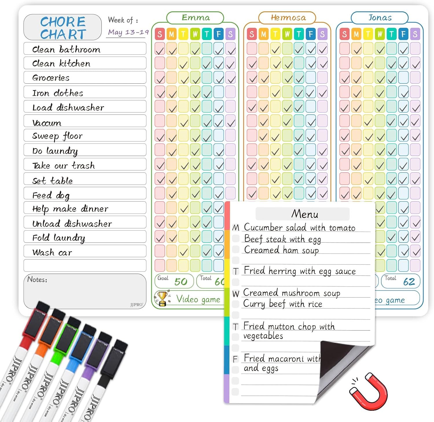 JJPRO Magnetic Chore Chart for Multiple Kids 3 Kids -14.5″x11″ Family Chore Chart for Refrigerator, Behavior Chart for Fridge,Dry Erase Chore Chart for Teens