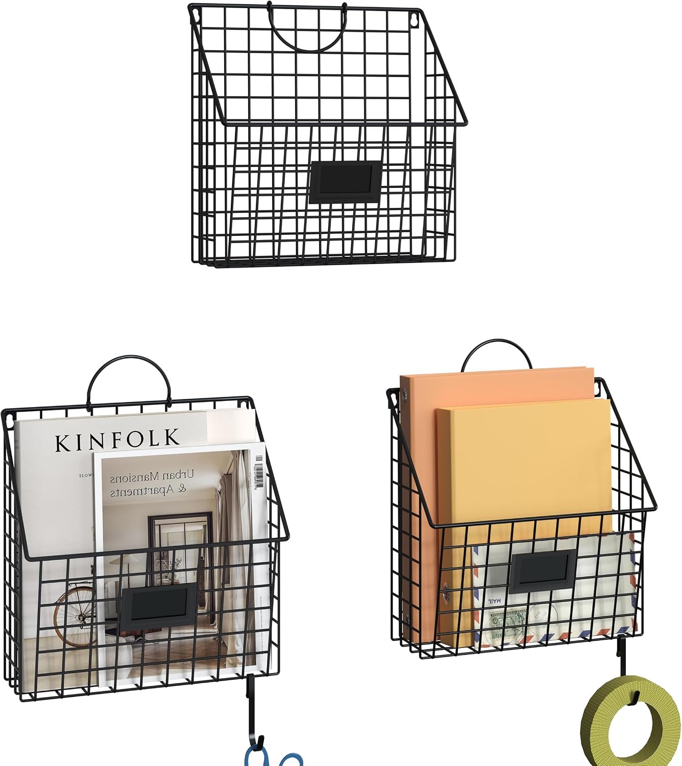 3 Packs Hanging Wall File Organizer with Hooks, Magazine Rack ,Mail Basket