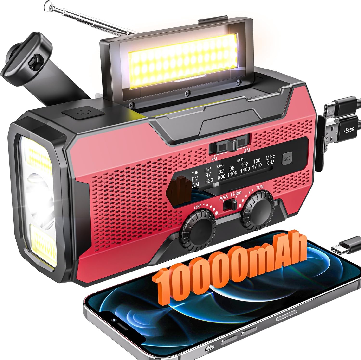 Solarbaby Hand Crank Emergency Radio,Red NOAA Solar Radio Power Bank with 10000mAh, AM/FM Weather Radio with LED Flashlight, Reading Lamp & SOS Alarm, Survival Radio for Camping Hurricane Emergency