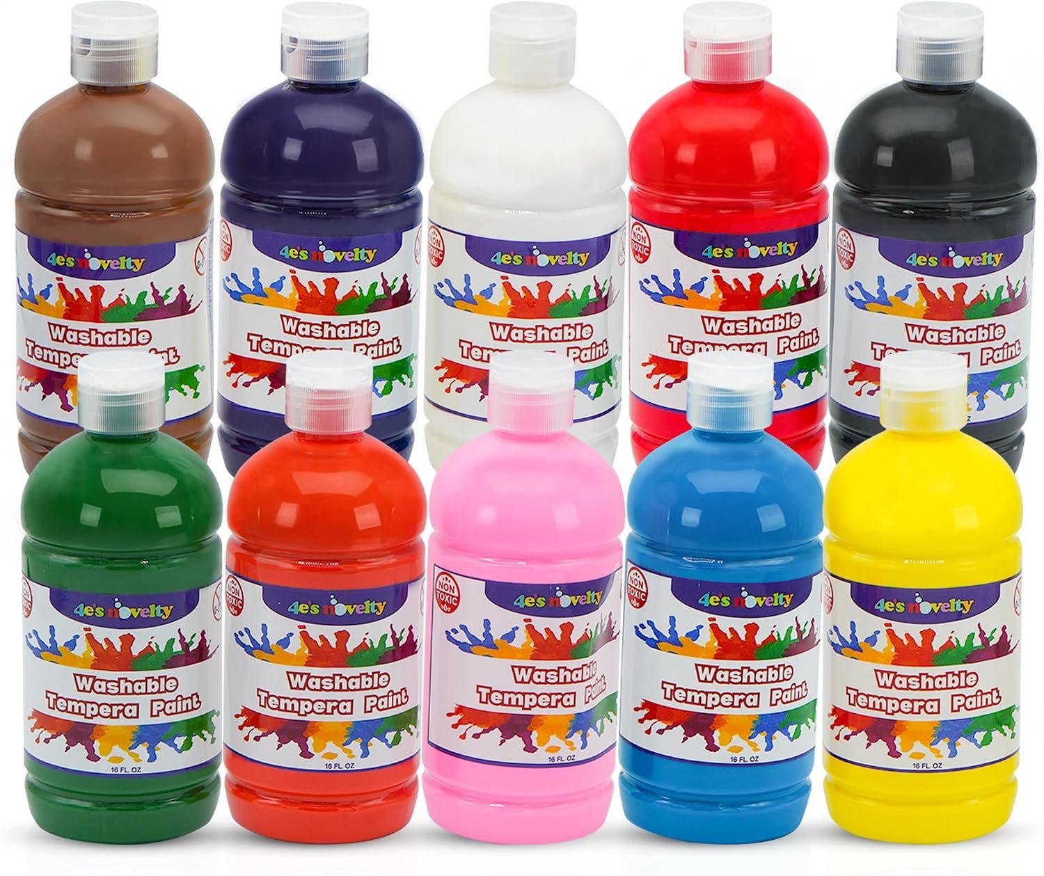 4E’s Novelty 16oz Washable Tempera Paint Set for Kids – 10 Bright Colors – 16oz Bottles – Non Toxic Washable Paint for Crafts, Teacher Classroom Must Have, Arts & Craft Supplies