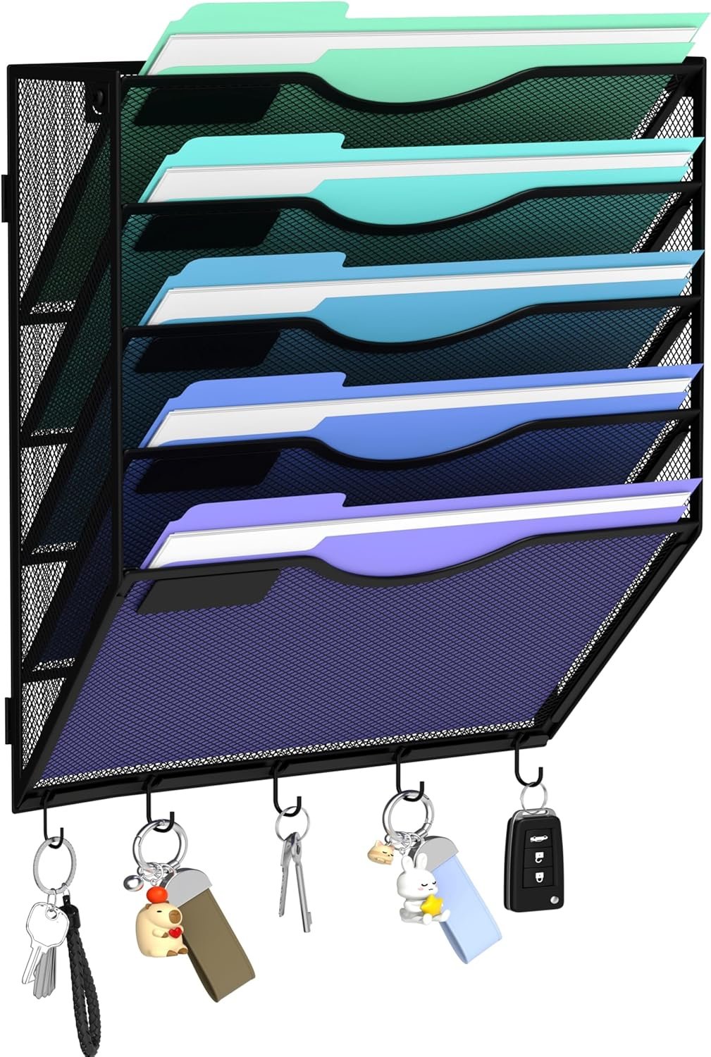 Gawerk Hanging Wall File Organizer with 5 Hooks – Wall Mounted Mail Paper Document Folder Holder, Sturdy Mesh Magazine Rack for Office Home (5 Tier)