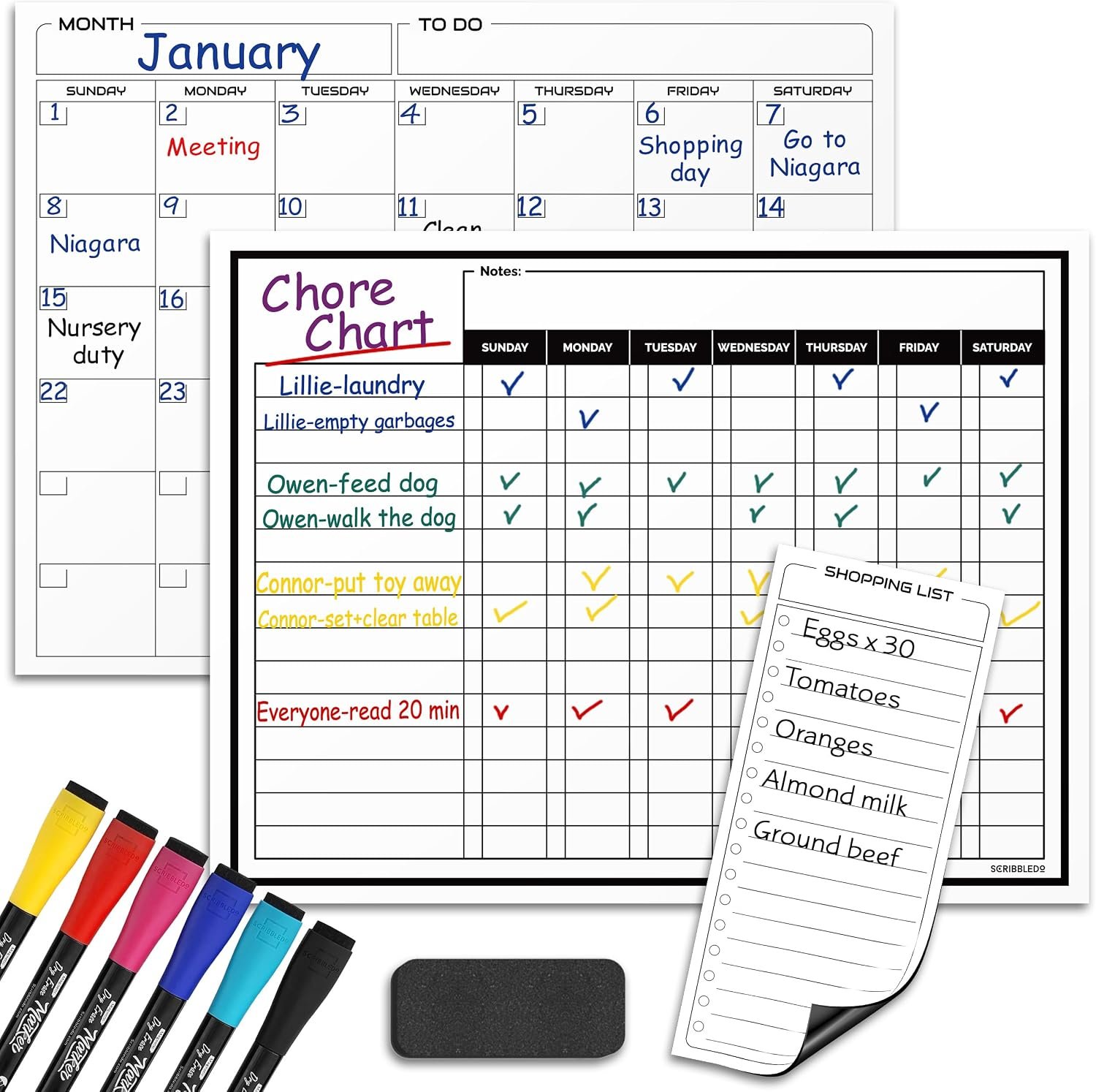Magnetic Chore Chart for Kids Dry Erase Chore Chart for Adults 13” X 17” Behavior Reward Multiple Kids Chores Board Monthly Weekly Planner Magnetic Calendar For fridge Shopping List 6 Markers Included