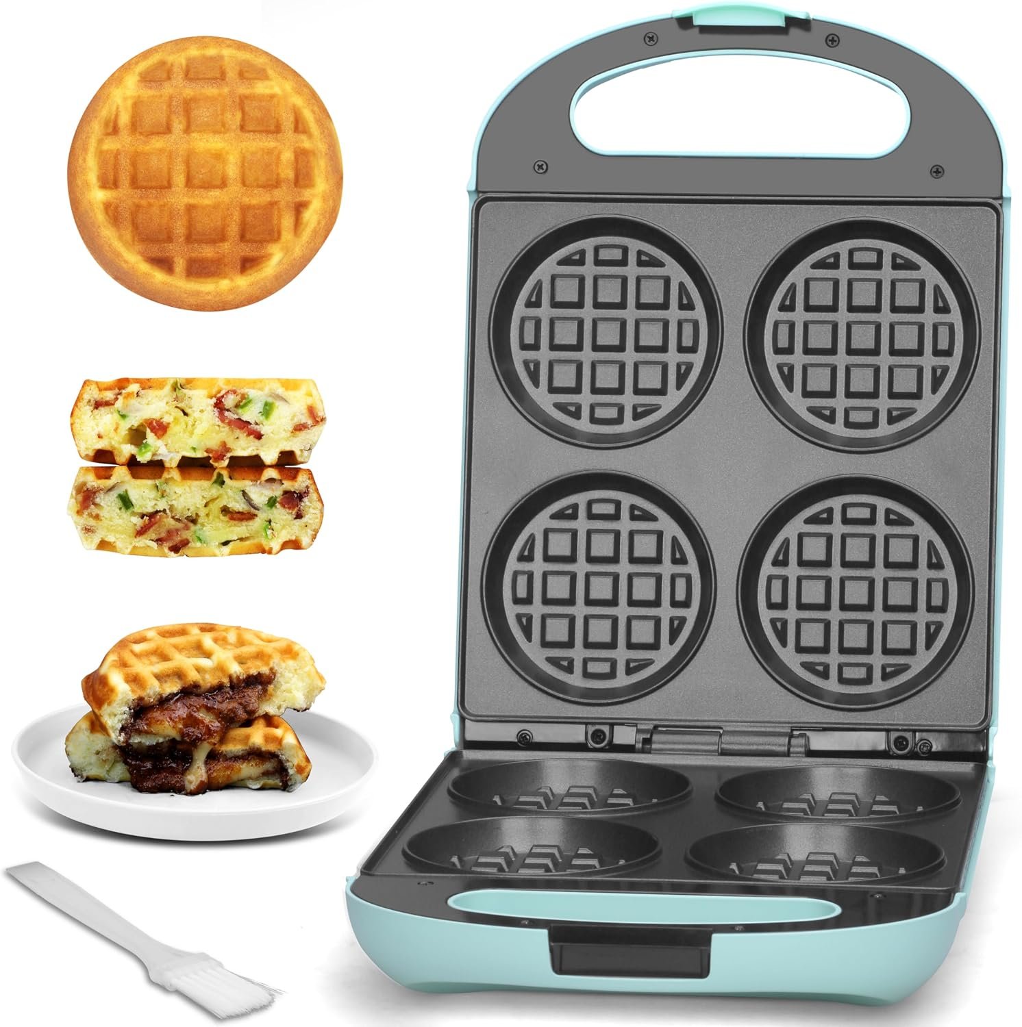 Baker’s Friend Multi Stuffed Waffle Maker Thick, 4-Slice with 1.2” Thick & 4” Dia, Belgian Mini Waffle Maker Flip, Nonstick Breakfast Sandwich Maker, Stuffed Waffle Iron, Aqua