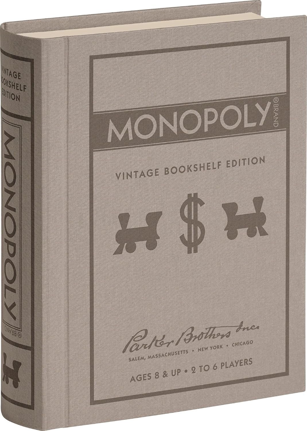 WS Game Company Monopoly Vintage Bookshelf Edition Board Game Premium Fabric-Wrapped Book Storage Box with Retro Graphics, Wooden Houses, Strategy Board Games for Kids, Adults & Family, Ages 8+