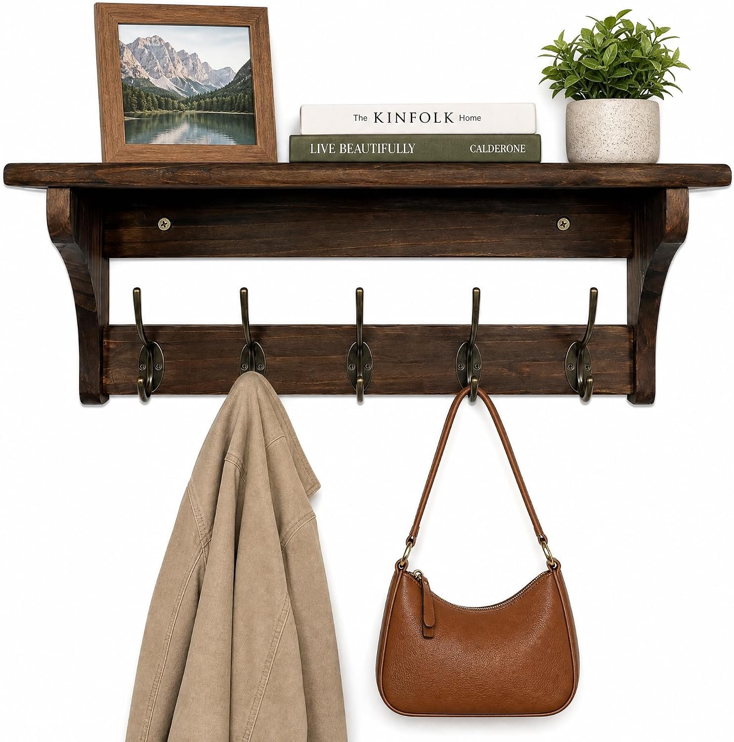 Wall Mounted Coat Rack with Shelf, Solid Wood & Metal Hooks – 23.2 Inch Entryway Organizer with 5 Hooks for Hanging Coats, Hats, Bags, Keys, Rustic Brown for Hallway, Bedroom, Bathroom（23.2 Inch）
