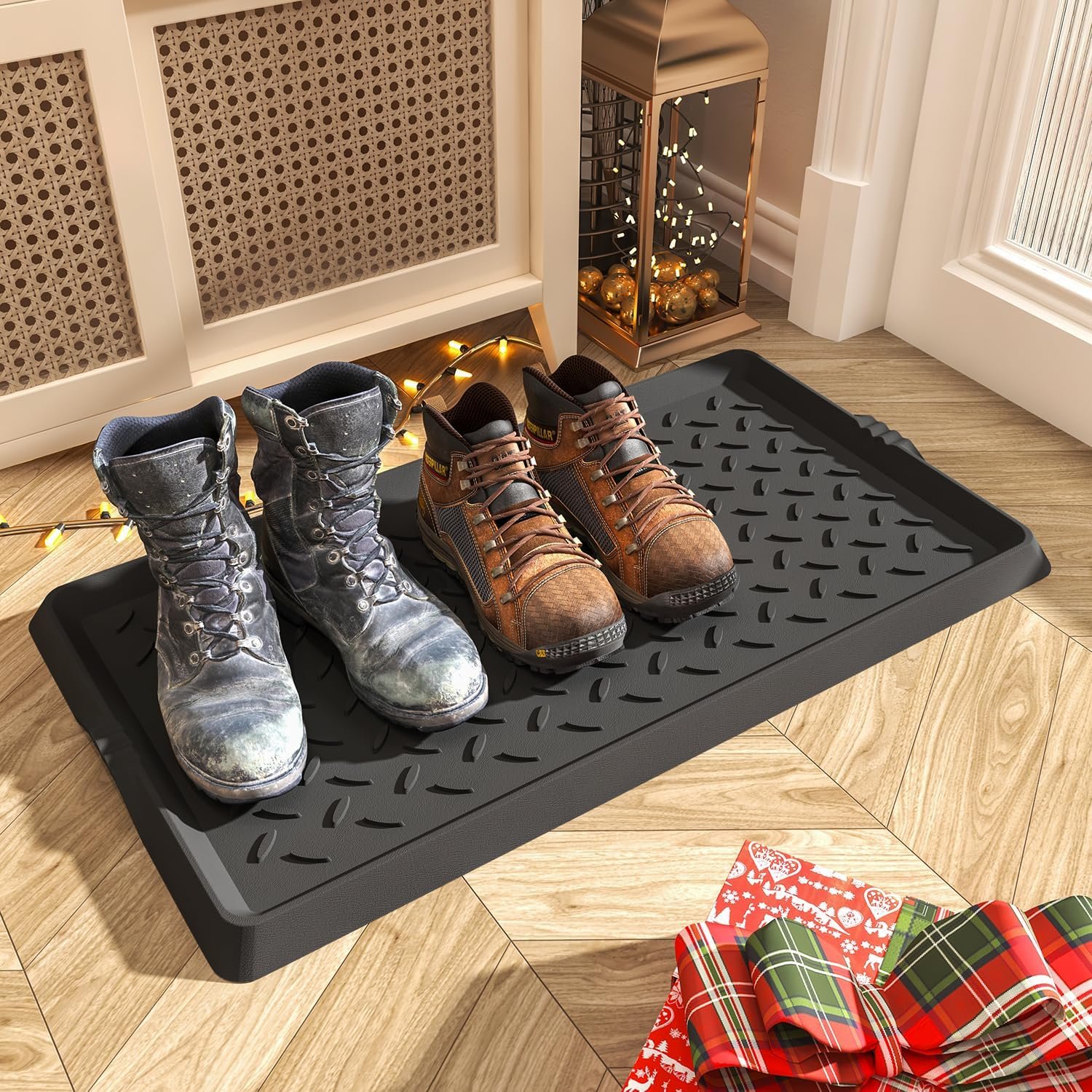 SUPENUIN 2PC Boot-Tray Heavy Duty Rubber Mat with Lip Waterproof Shoe Mat Tray for Entryway Indoor Outdoor Multi Use Catch All Trays Entryway Shoe Cleaning Boot Storage 16×27.5 Inches