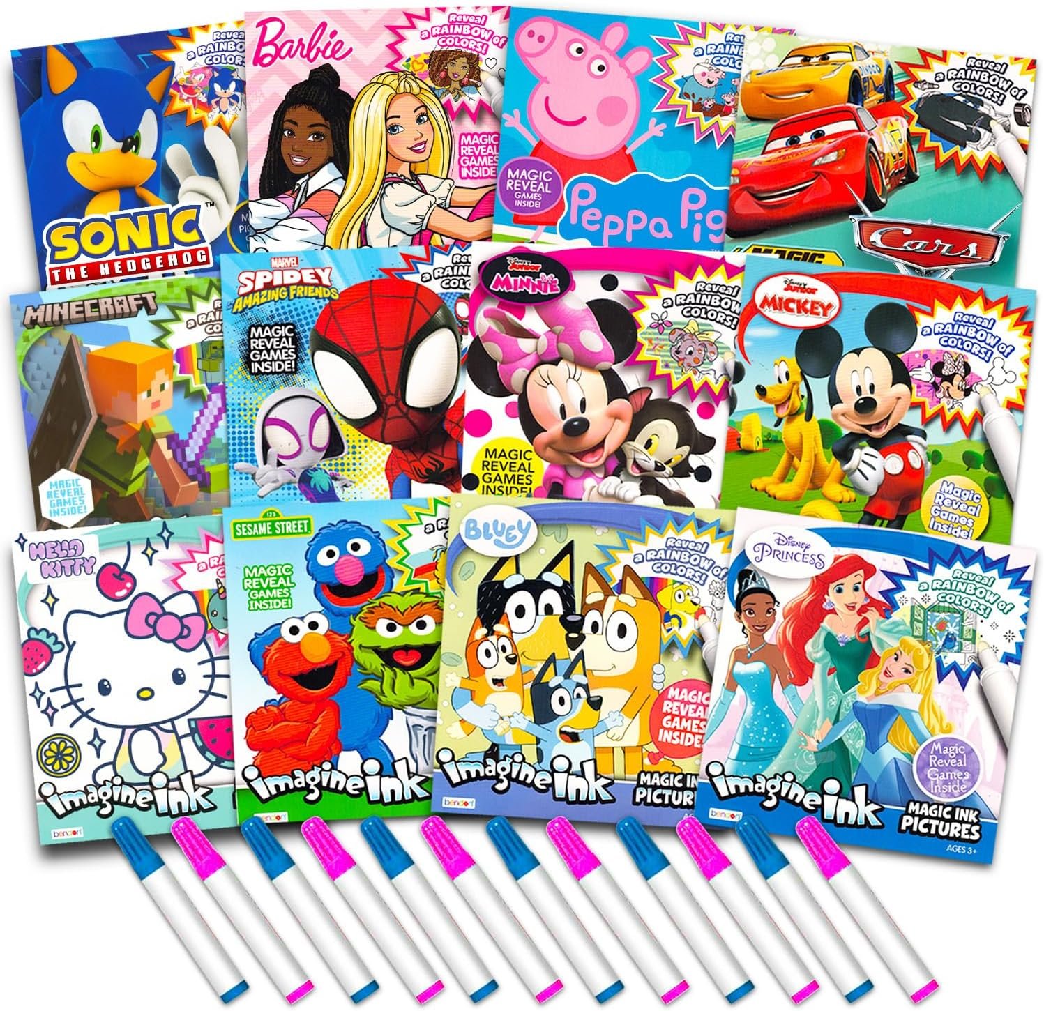 12 Mess Free Imagine Ink Coloring Book Set for Kids – Bulk Bundle with 12 No Mess Coloring Books (Sonic, Bluey, Mickey, Minnie, Spidey, Peppa Pig)