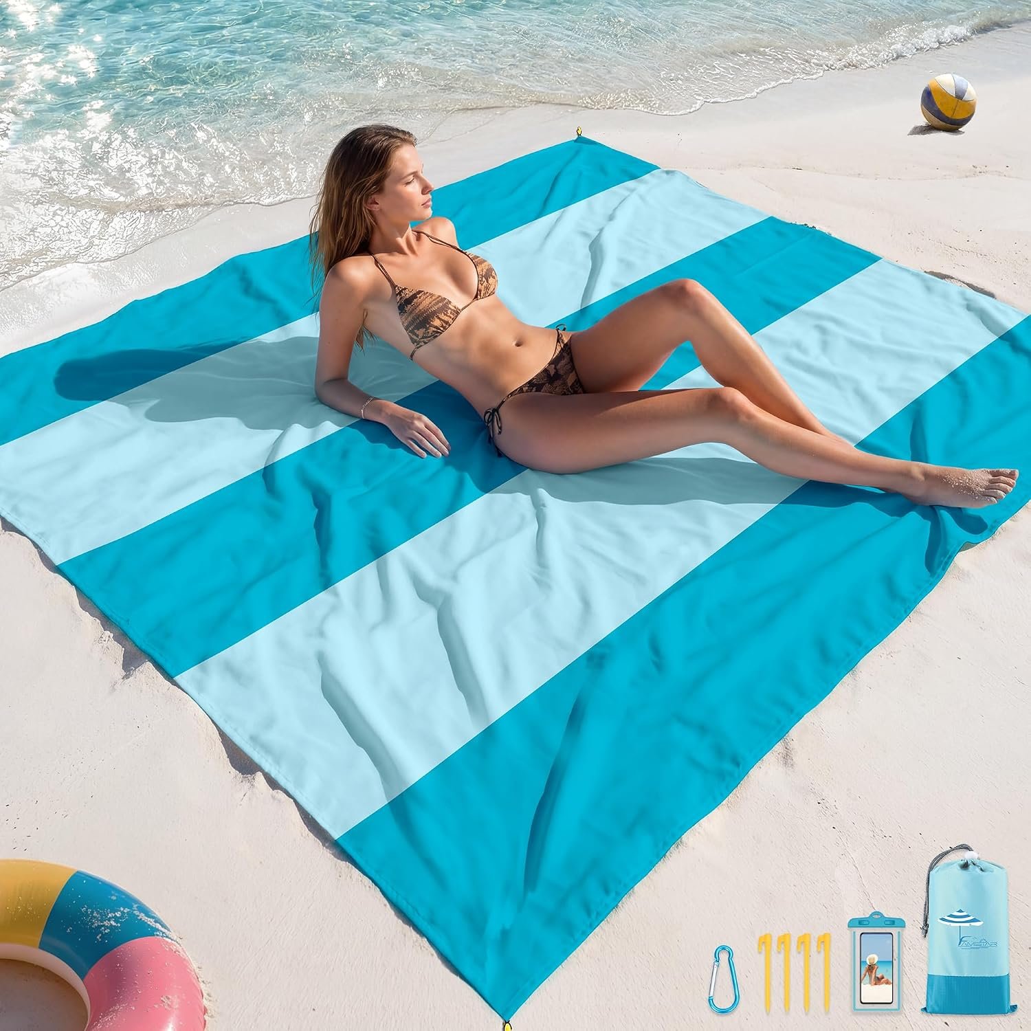 Beach Blanket Sandproof Waterproof Oversized 78″x81″/10’x9′ Compact mat