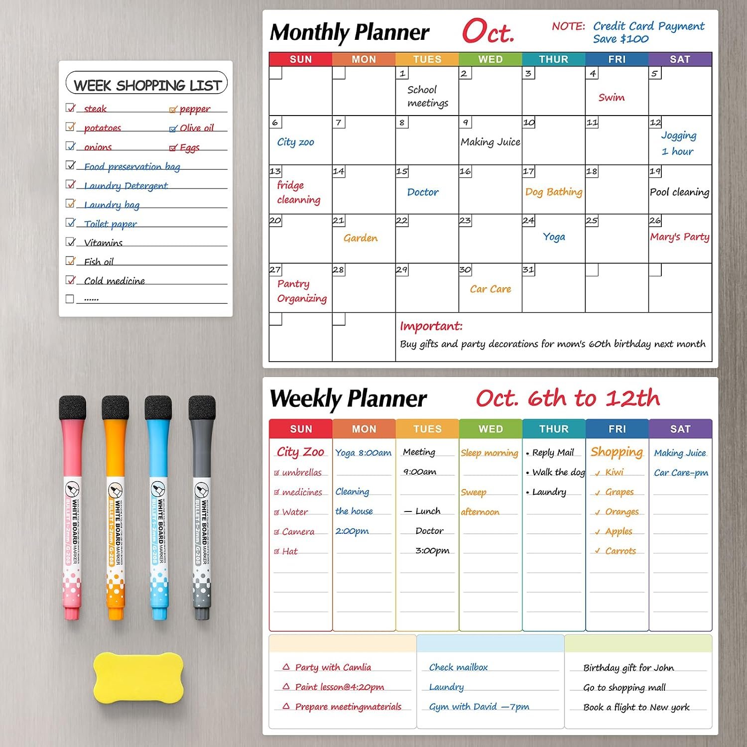 Dry Erase Magnetic Calendar for Refrigerator, 3 Pack- Monthly & Weekly & Daily Planner Magnet Whiteboard for Fridge Wall Door – Shopping, Meal/Menu, to Do List, Family Schedule Planning Board (C)
