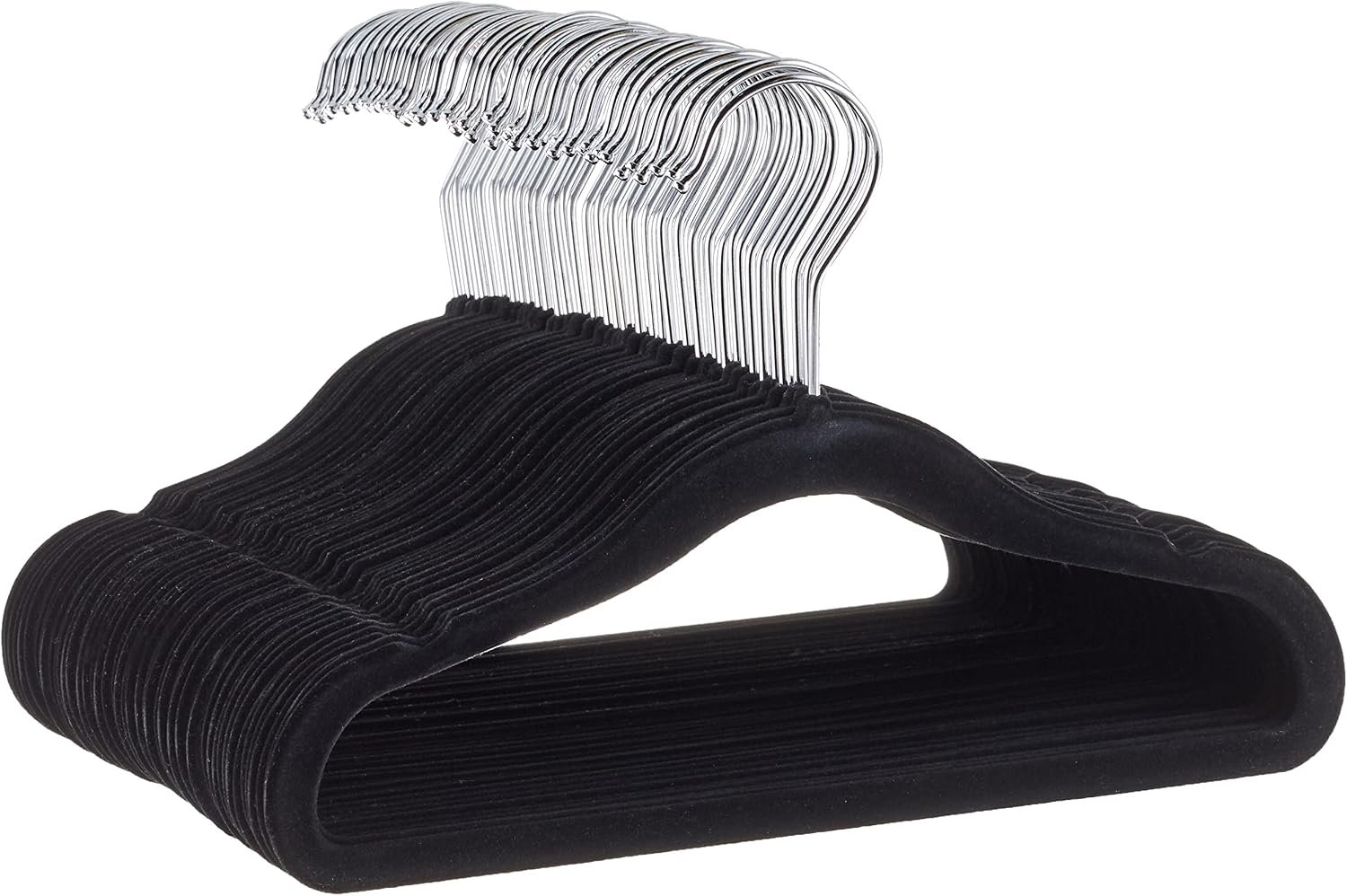 Amazon Basics Kids Space Saving Velvet Non-Slip Clothes Hangers with Shoulder Notches for Infant and Toddler, 11.6″, Black, 50-Pack