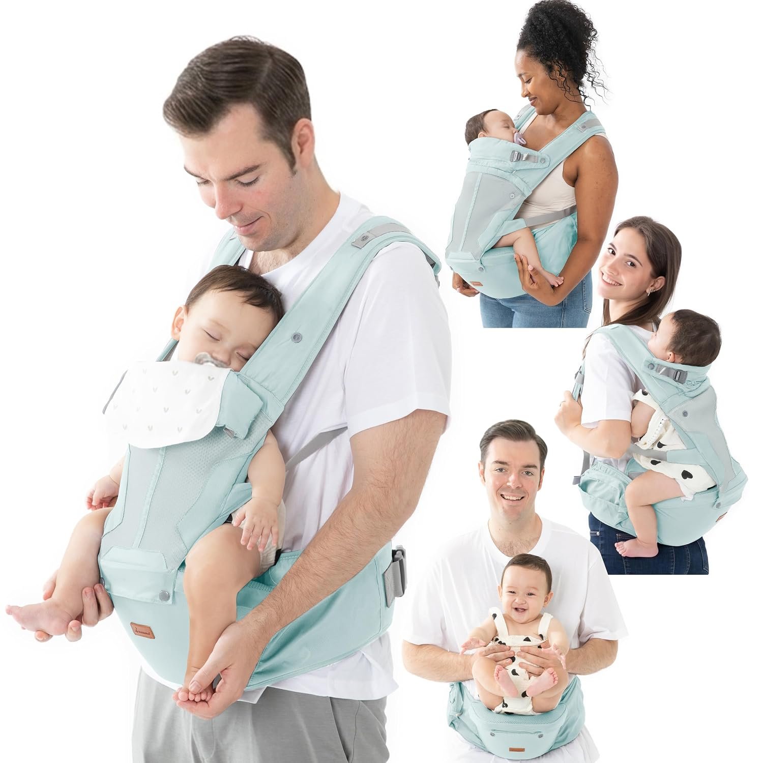 BabbleRoo 6-in-1 Baby Carrier with Hip Seat, Ergonomic Newborn to Toddler Carrier 7–50 lbs, Front Back Hip Carry, Lumbar Support, Sun Hood, Safety-Certified, Seafoam