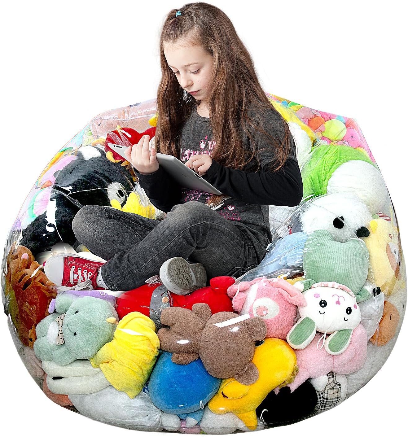 Clear Stuffed Animal Storage Bean Bag Chair Cover for Kids with Zipper
