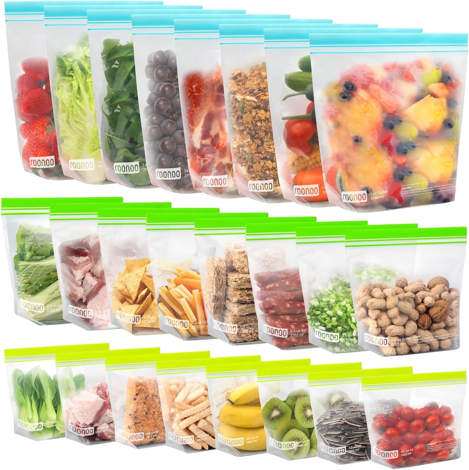 24 Pack Reusable Food Storage Bags Stand Up Dishwasher Safe BPA Free