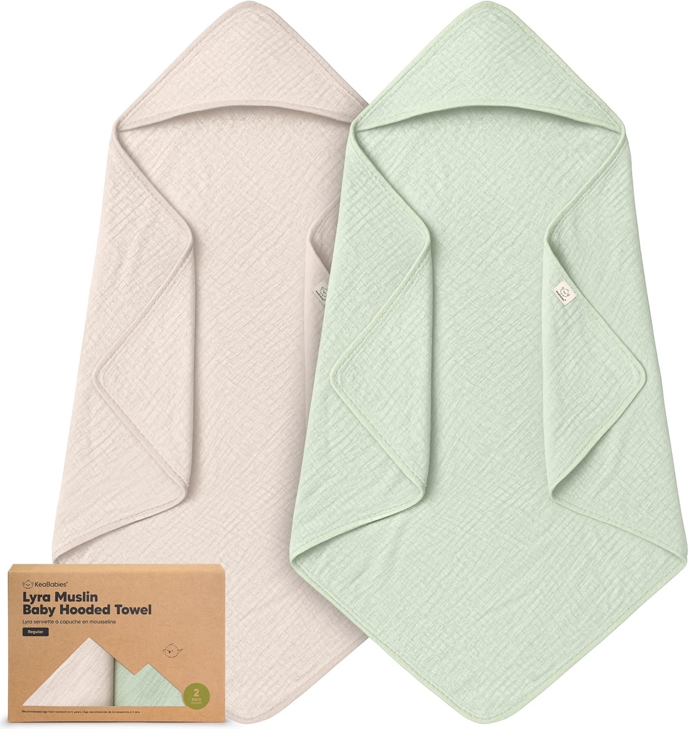 KeaBabies 2pk Muslin Hooded Baby Towels for Newborn, Kids (Sage, 35×35)