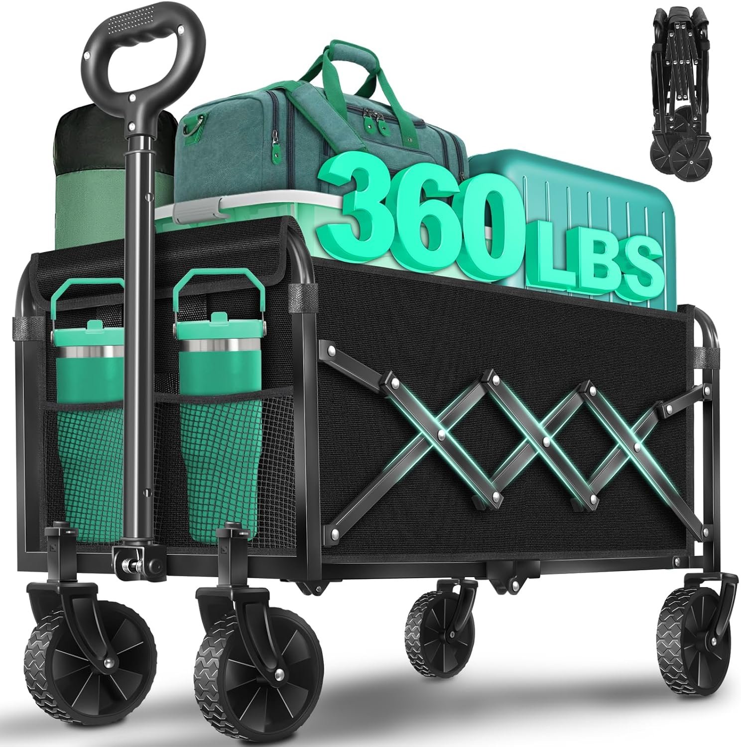 Collapsible Wagon Cart with Wheels Foldable, Black, 360 lbs Heavy Duty Folding Utility Wagon – Portable All Terrain Grocery Cart for Groceries/Shopping/Outdoor/Camping/Fishing/Sports