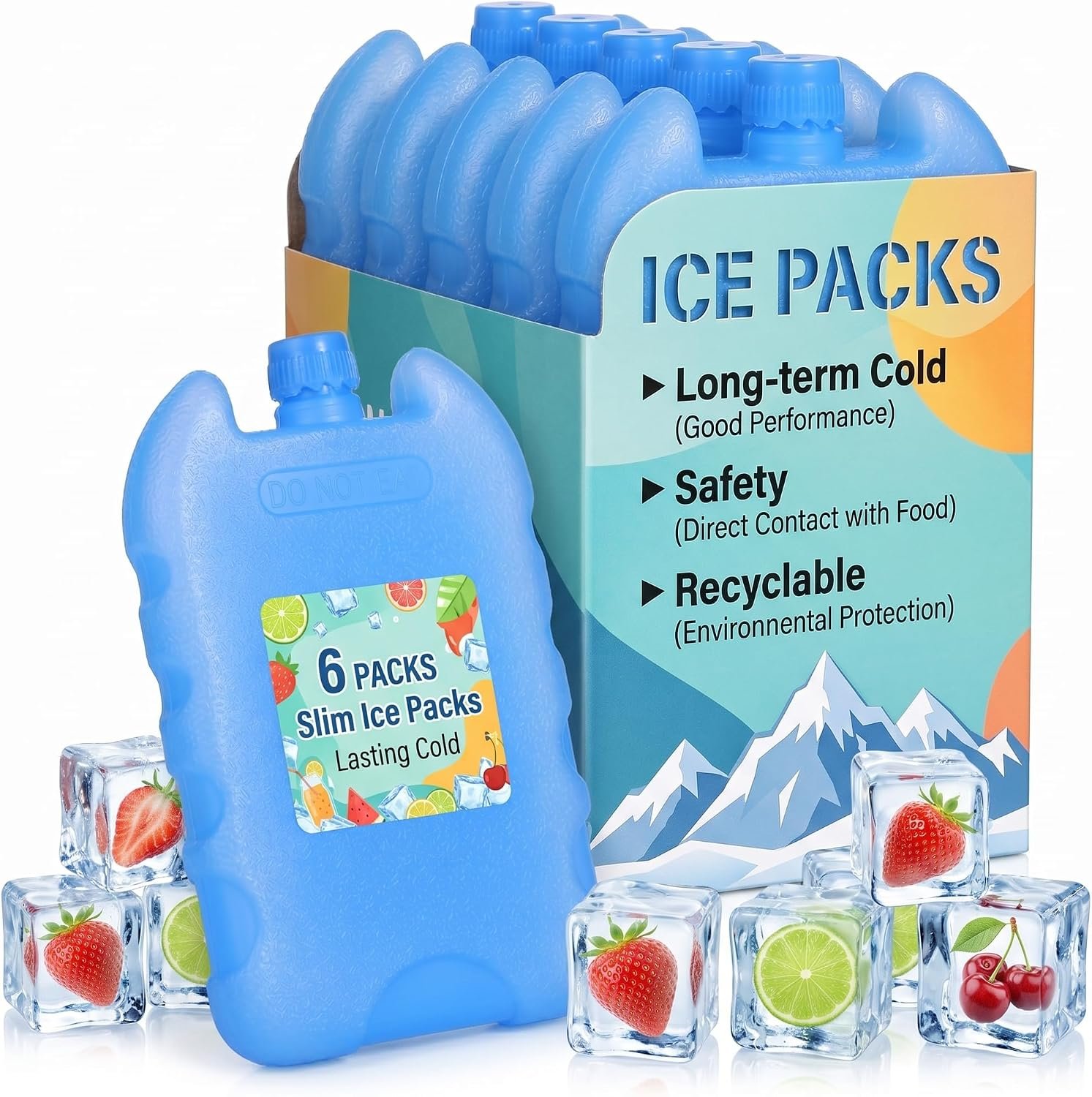 6pcs Ice Packs for Lunch Boxes, Slim Design Reusable Freezer Packs for Adult Lunch Bag, Medium Ice Blocks for Summer Beach Camping, Blue Freezer Cubes Kit for Air Cooler and Food Storage, Lasting Cold
