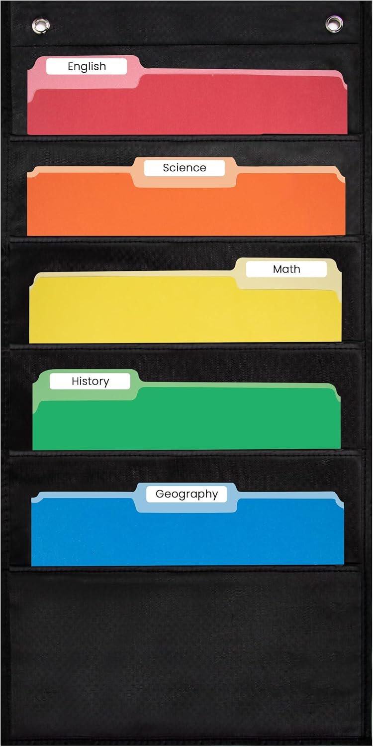 Essex Wares – 5 Pocket File Folder Pocket Chart, Black, 14″ Wide x 24″ Tall