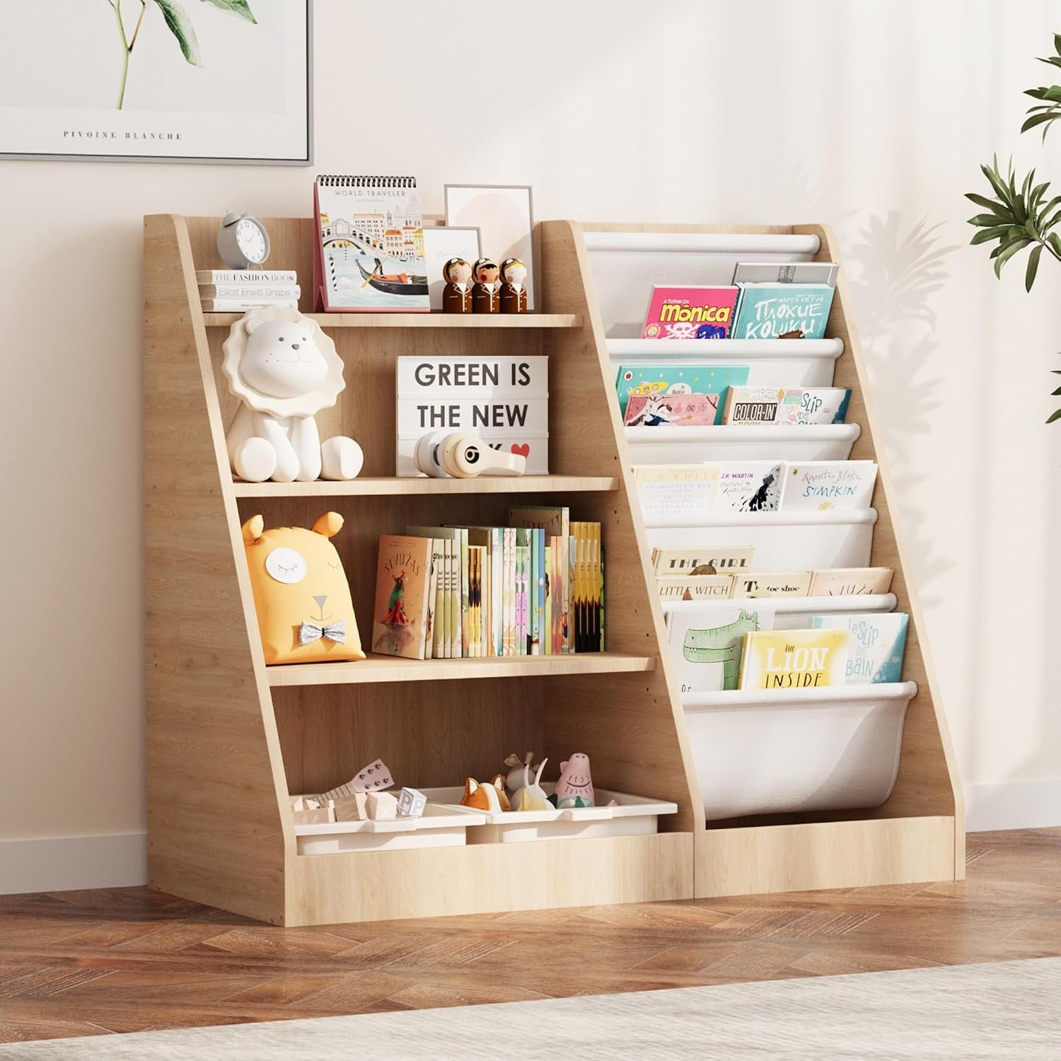 HedoAjim 4 Tier Kids Wooden Bookshelf, Five Layer Sling Children Bookcase