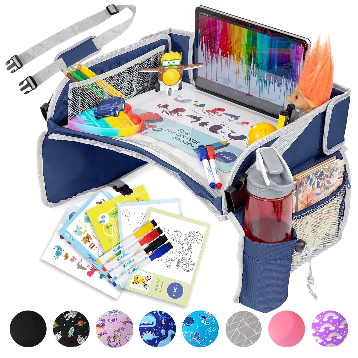 PILLANI Kids Travel Tray for Car – Toddler Travel Essential with iPad Holder & Dry Erase Board – Road Trip Essentials – Carseat Table – Toddler Lap Desk Organizer for Airplane – Kids Travel Essentials