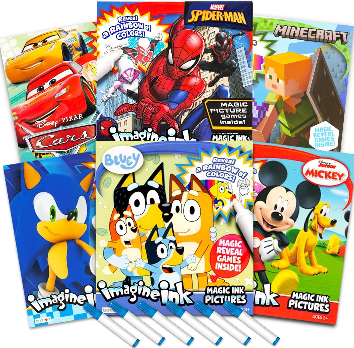 Bulk Imagine Ink Coloring Book Set for Boys – Bundle with 6 No Mess Coloring Books Featuring Sonic, Minecraft, Mickey Mouse, Spidey, Cars, and Bluey