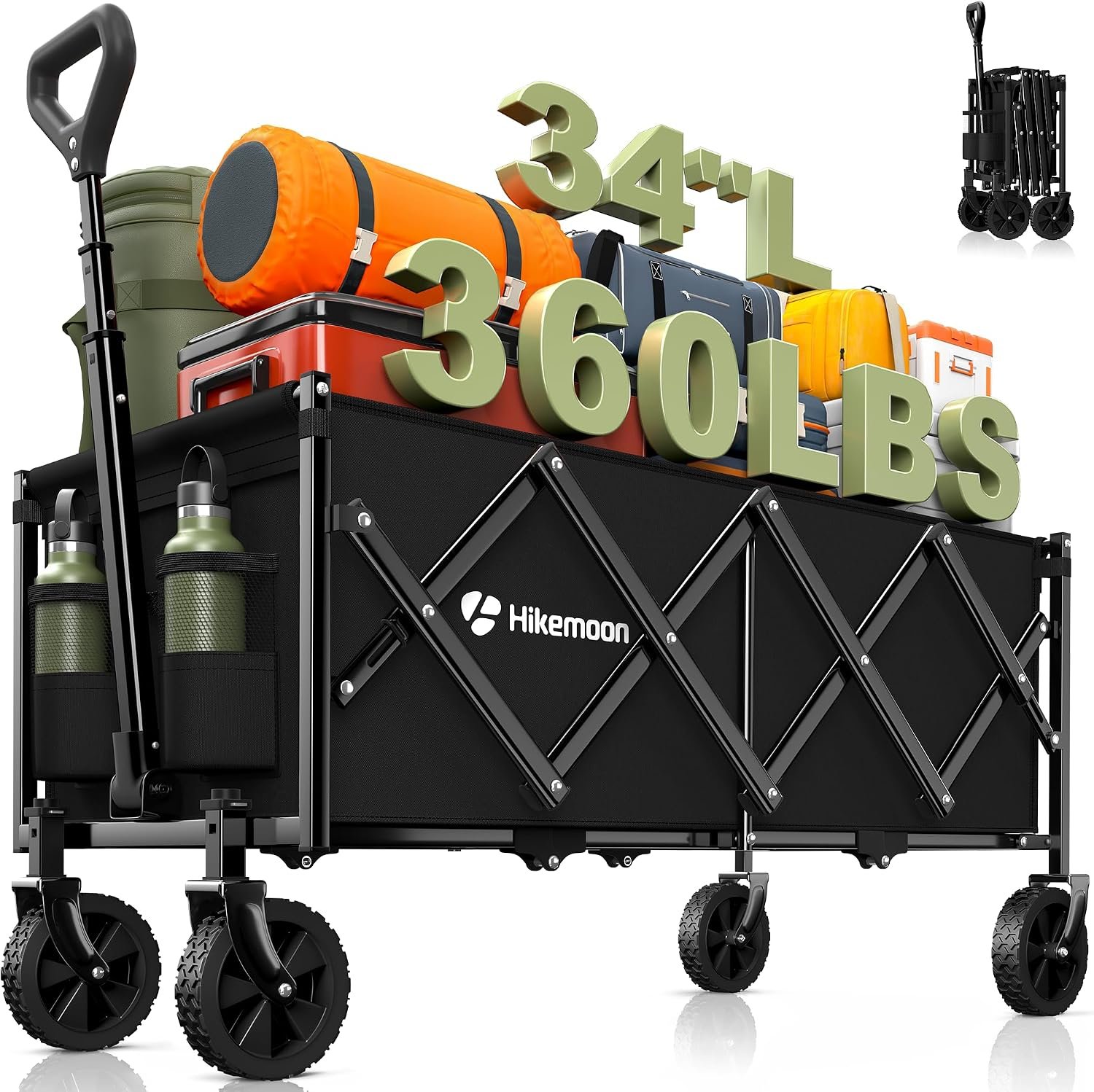 HIKEMOON 34” Extra Long Folding Portable Wagon Cart, 120L 360LBS Black