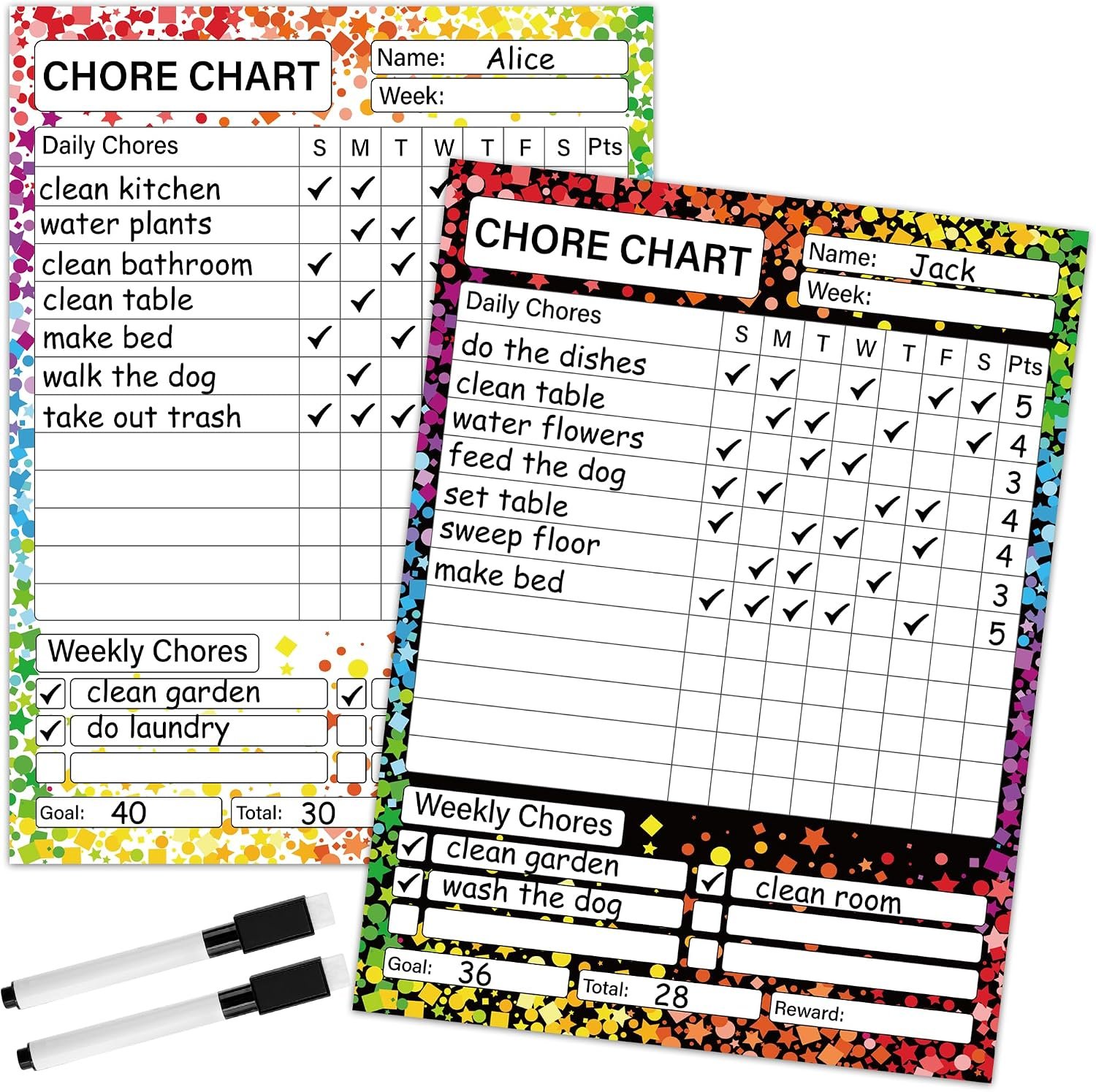 2 Pack Magnetic Chore Chart for Kids 12″ x 9″ Confetti Dry Erase Reward Chore Charts Weekly Behavior Responsibility Chores Board for Teens Adults Fridge Family Task Organization Home Rewards