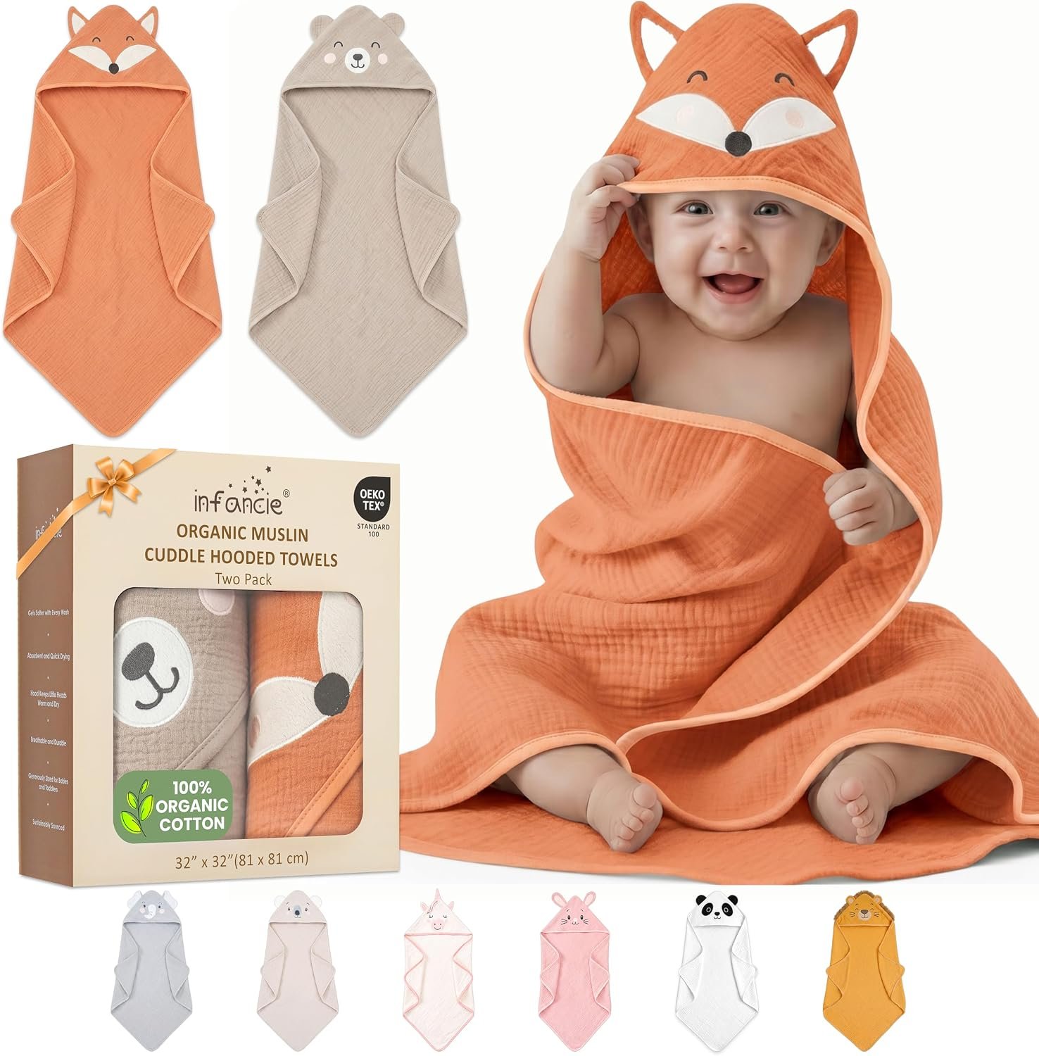 100% Organic Cotton Muslin Cuddle Hooded Baby Towels Infant 2 PK 32×32 in
