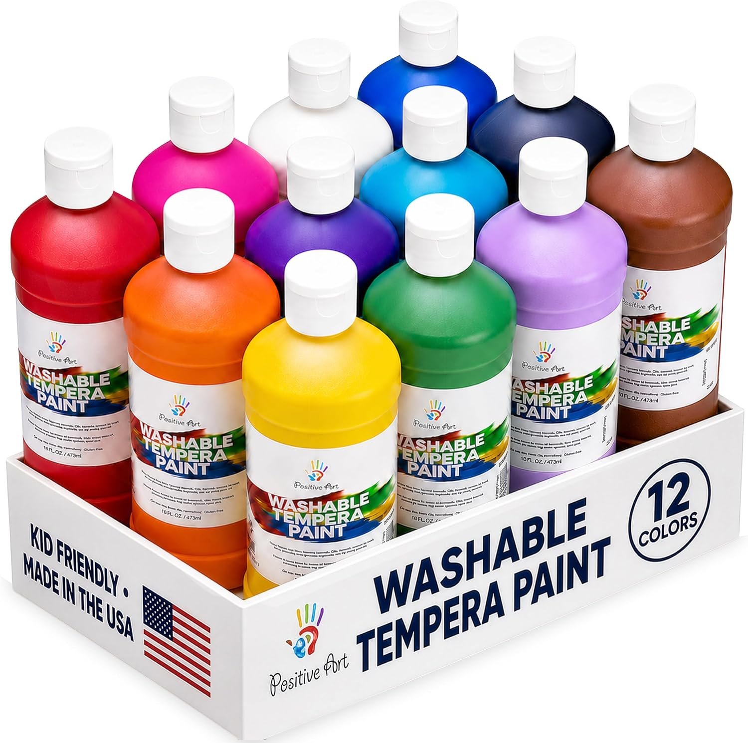 Positive Art Washable Paint for Kids, 12 Colors, 16 oz Bottles, Non-Toxic Tempera Paint Set for School and Classroom, Paraben-Free