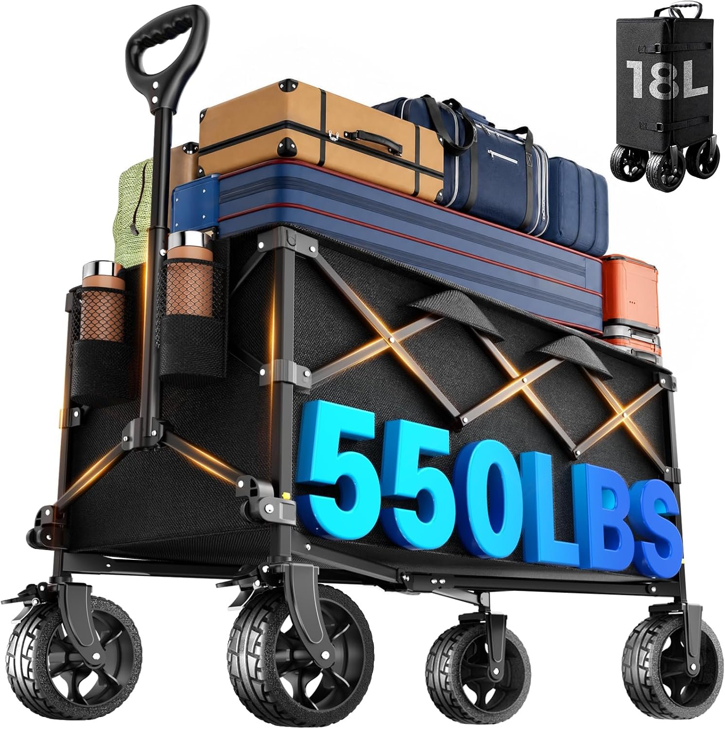 40″ Extra Large Collapsible Wagon Cart 550 lbs Capacity Big Wheels IrBlack