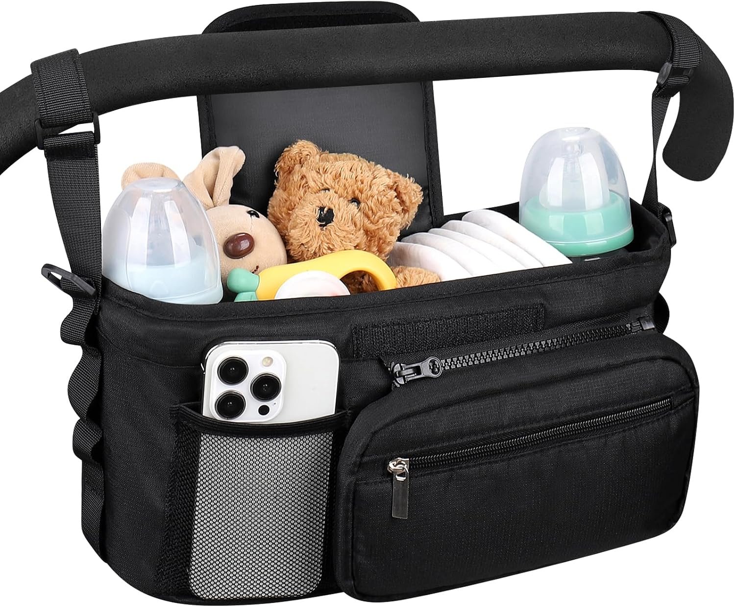 Accmor Universal Stroller Organizer with Cup Holder Detachable Phone Bag Shoulder Strap, Stroller Caddy Bag Accessories, Stroller Organizer for Uppababy, Baby Jogger, Britax Strollers