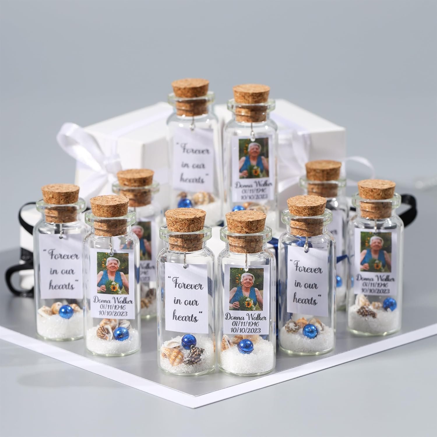 Custom Photo Memorial Favors Pack – Personalized Forget Me Not Glass Bottles with Celebration of Life Cards – Meaningful Keepsakes and Tribute Gifts for Guests with Customizable Designs and Cards